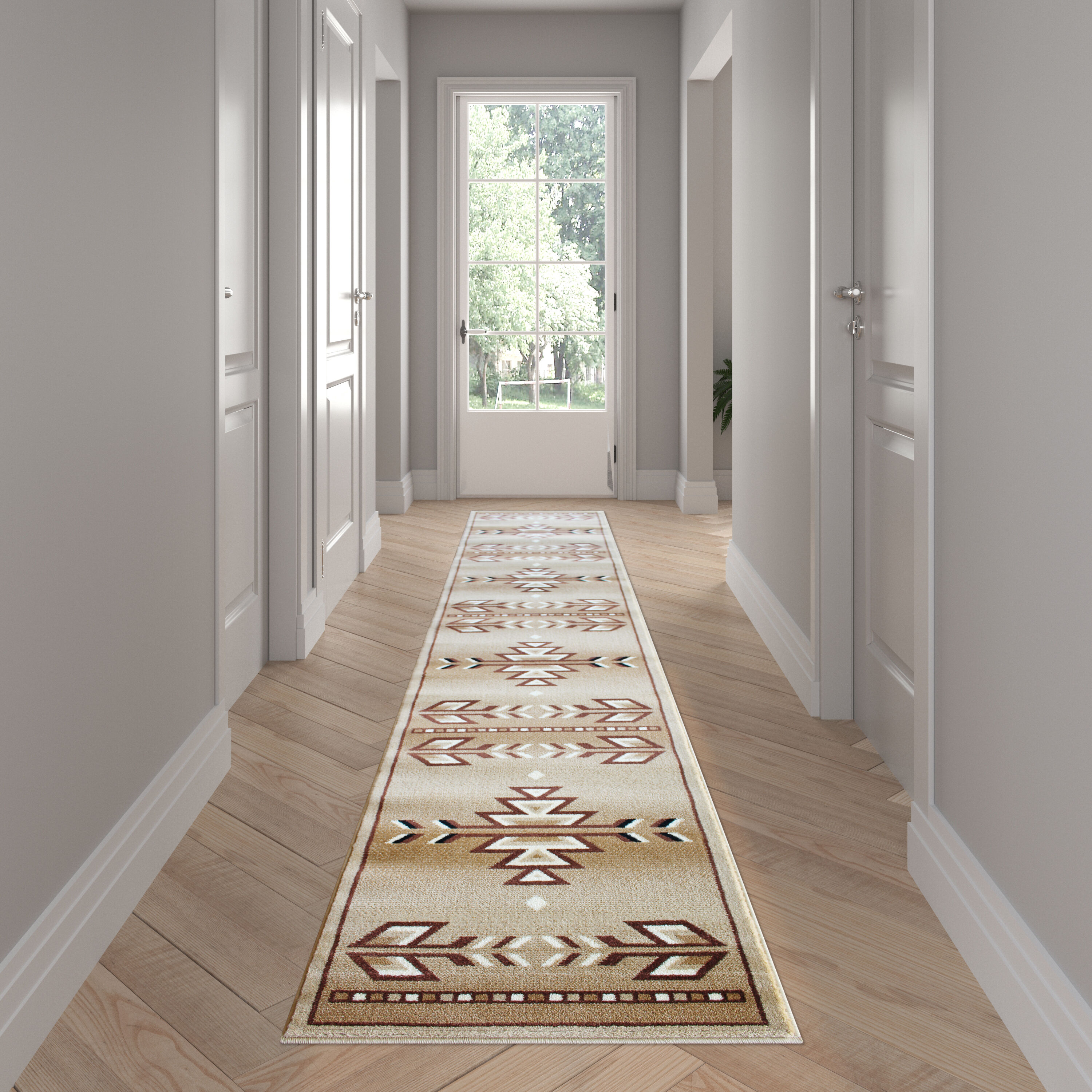 Emma + Oliver 840196370163 Reno 2x11 Olefin Accent Runner with Southwestern Geometric Arrow Design in Brown; Black; Beige and Ivory and Natural Jute Backing