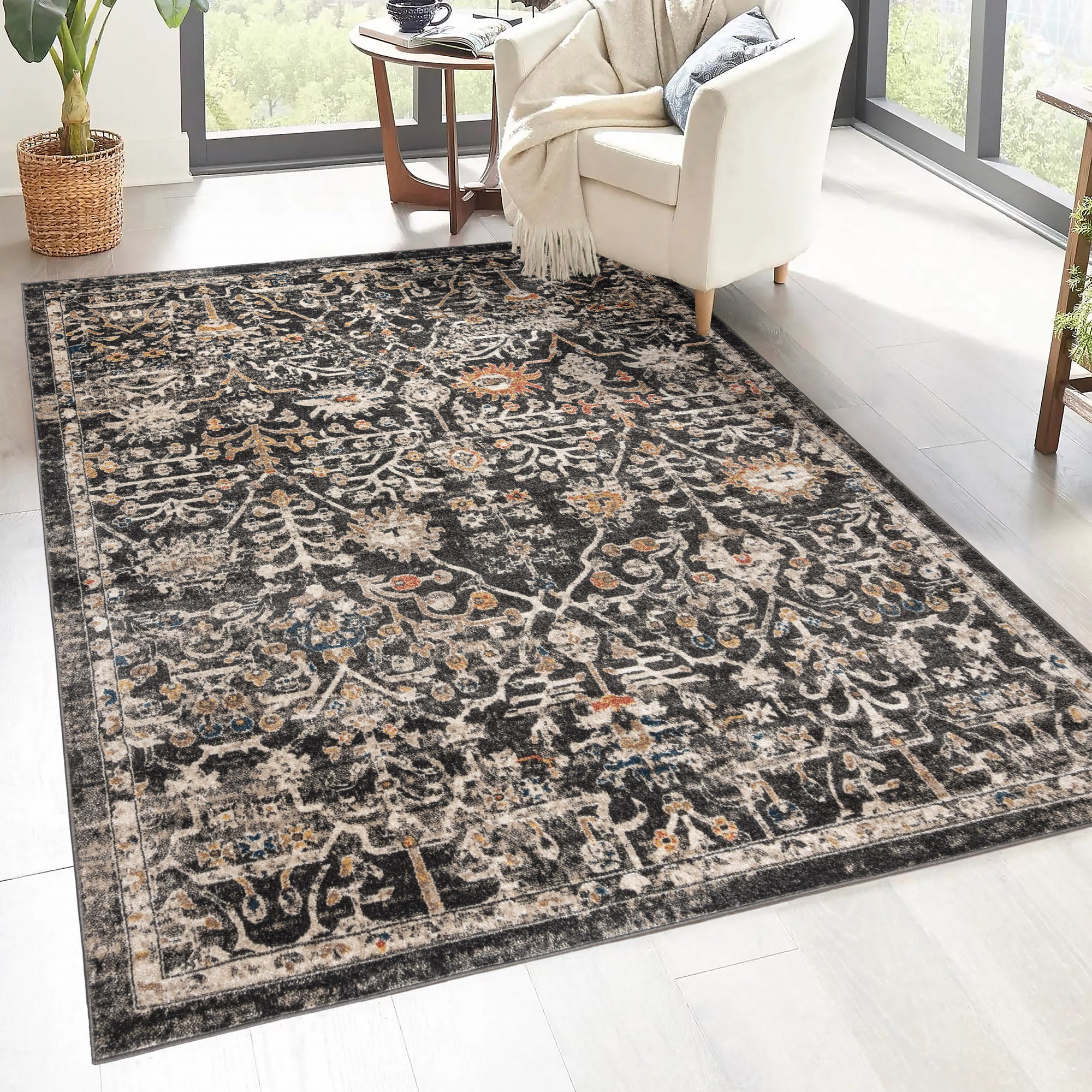 Style Selections 28248 Bending Mountains 5 x 8 (ft) Polypropylene Gray Rectangular Indoor Border Oriental Area rug