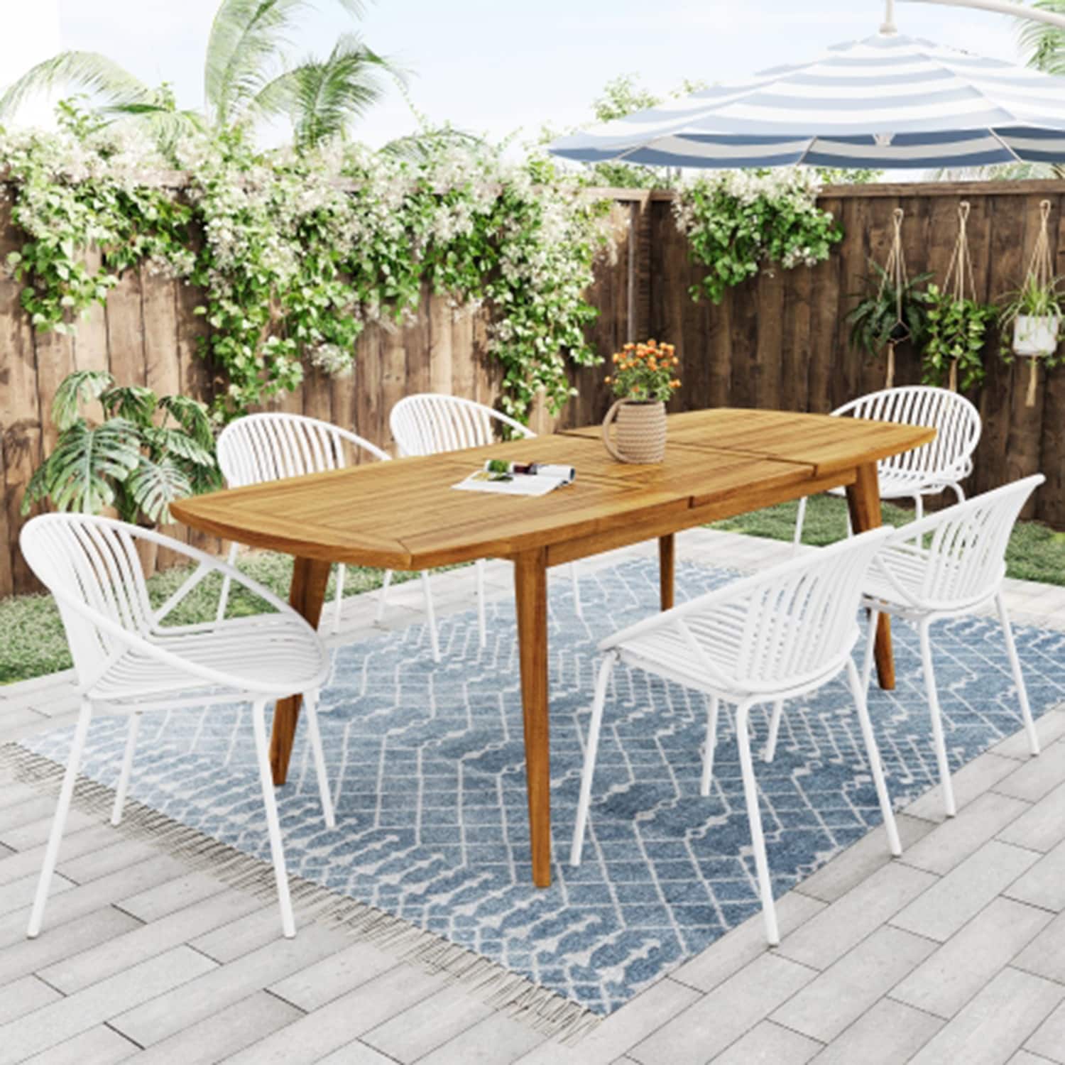 Dimakai DK-XG180DFE9 6 -Piece White Patio Dining Set Extendable Table Wood Rectangle Table with 6 Stationary Chairs