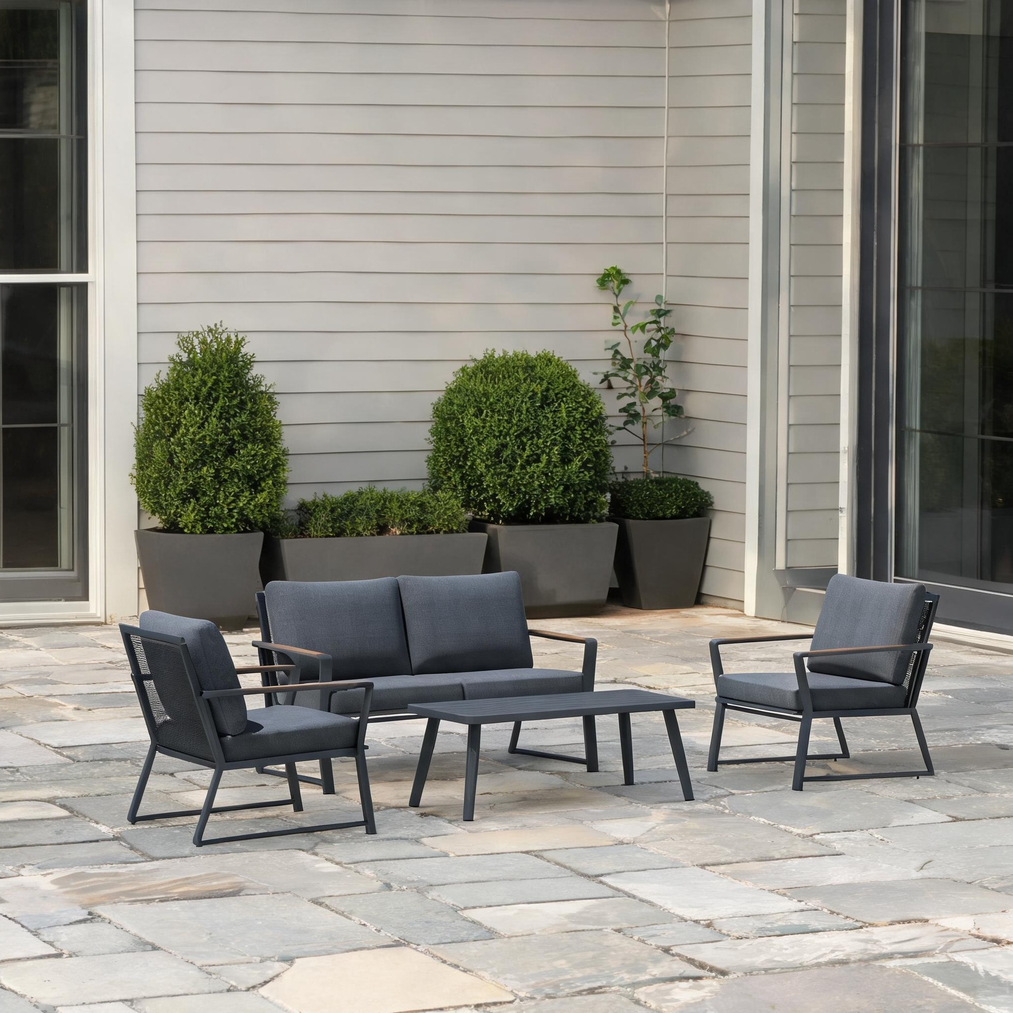 Naturefalls Neutral gray aluminum outdoor conversation set with wood-grain armrests seats four in garden or patio one_size | 0TLGA3W02EOP