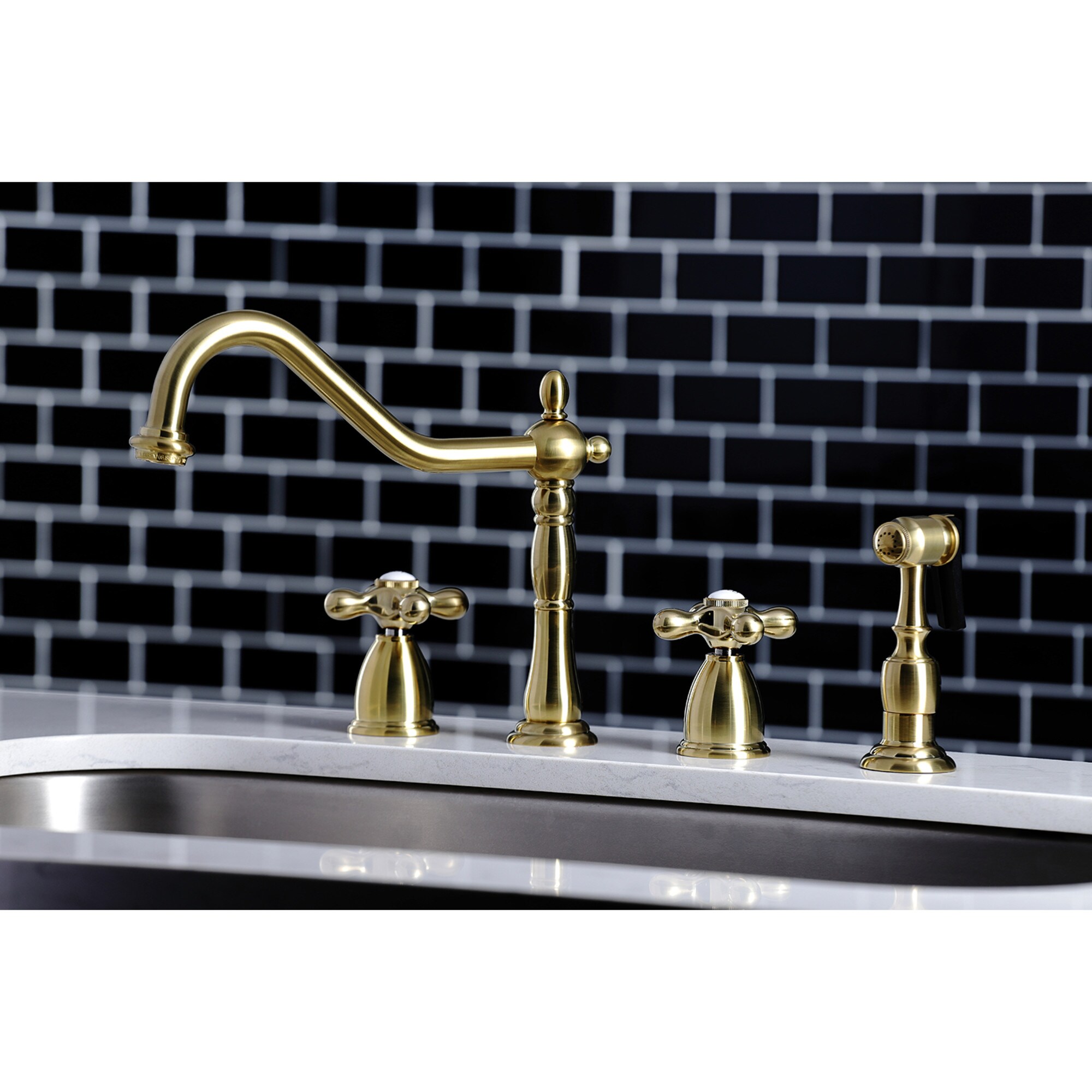 Kingston Brass WLKB1797AXBS Heritage Brushed brass Double Handle Deck-mount Kitchen Faucet with Sprayer ( Side Sprayer Included )