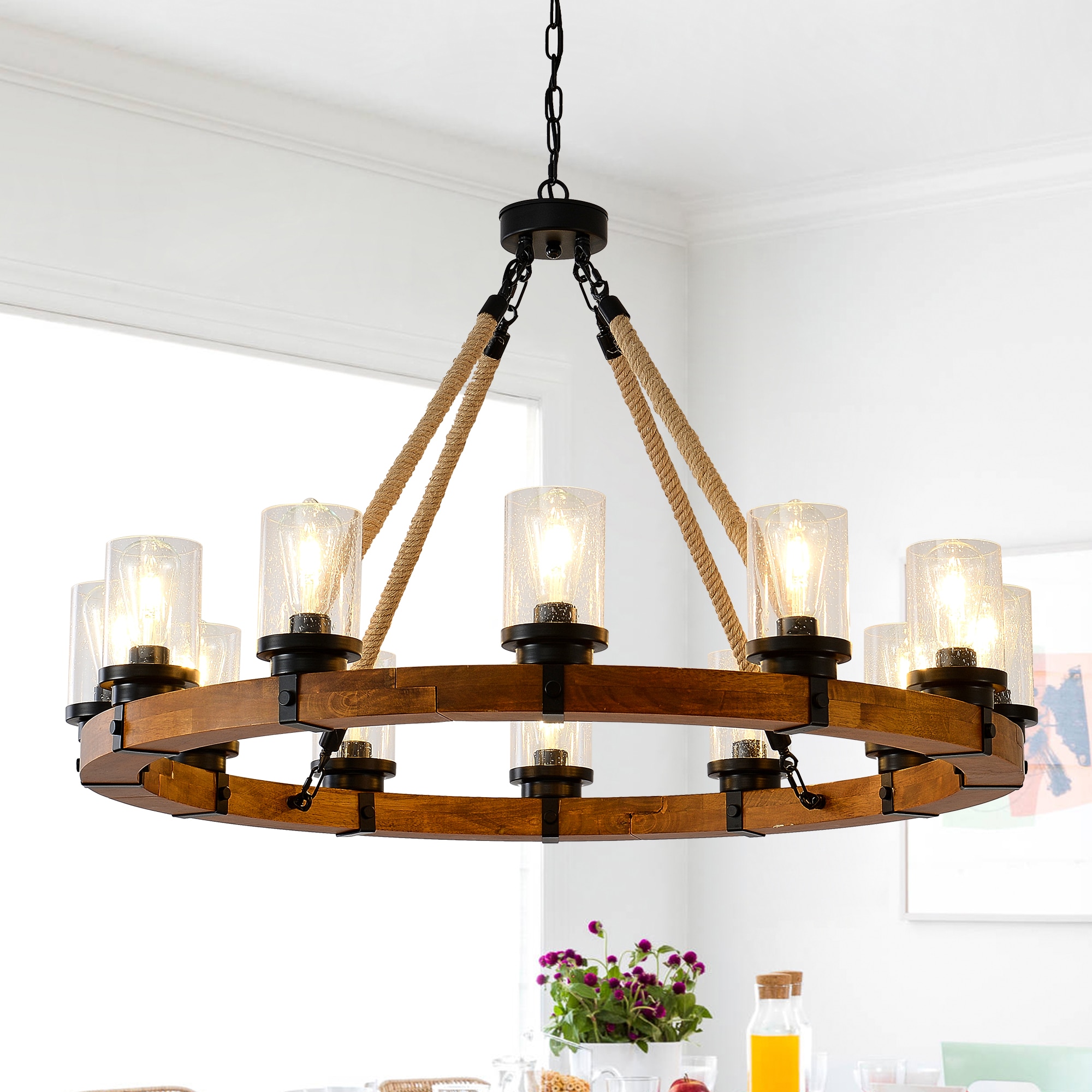 Huluwat 12-Light Rustic Wagon Wheel Chandelier 39 Wooden Pendant Light with Seeded Glass Shade Industrial Chandeliers(Solid One-Piece Wood Frame Design)-No Included Bulbs