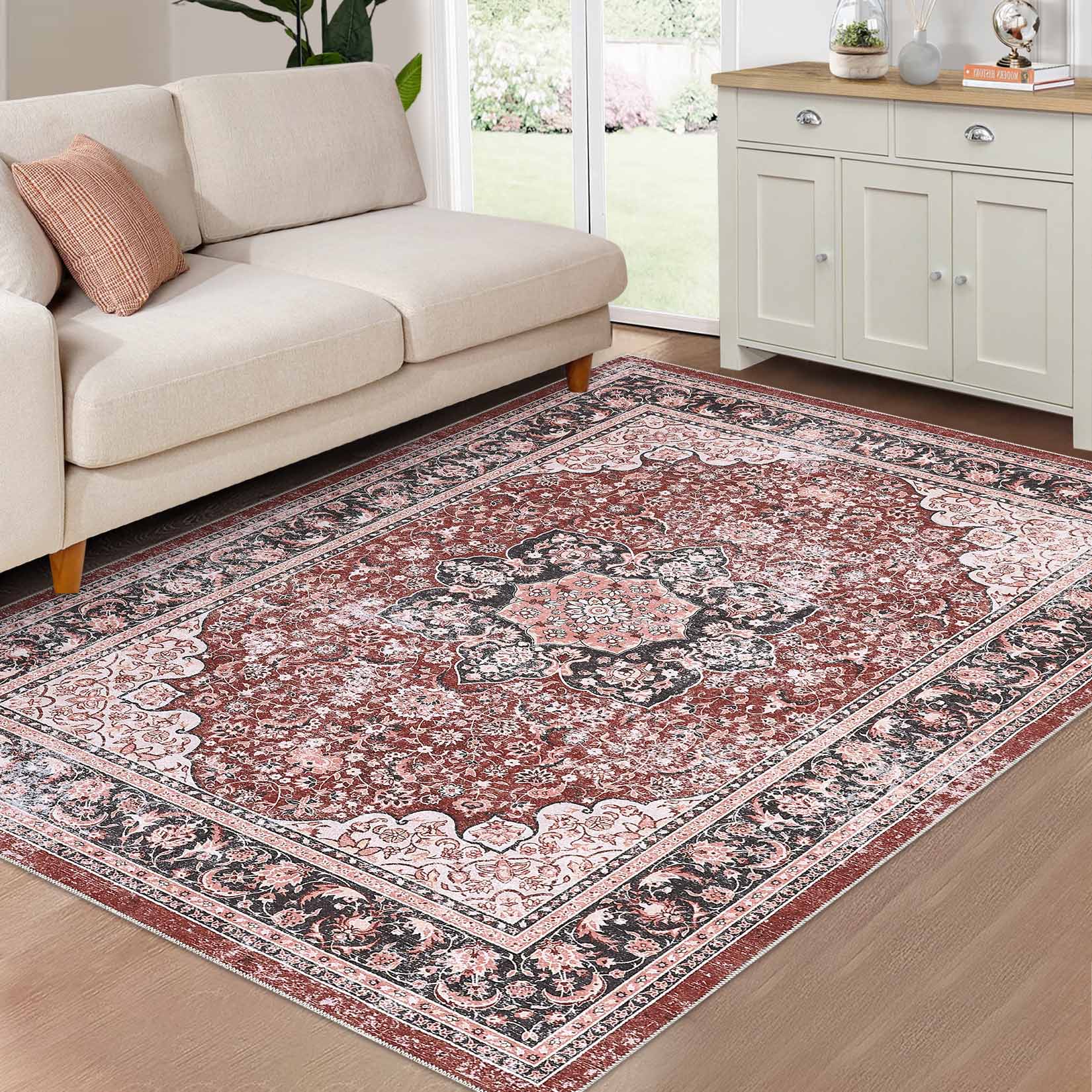 Garvee YXY-LO-PHO-10Q4EZKA 8 x 10 (ft) Loomed Red Rectangular Indoor Floral/Botanical Persian Machine washable Pet Friendly Area rug