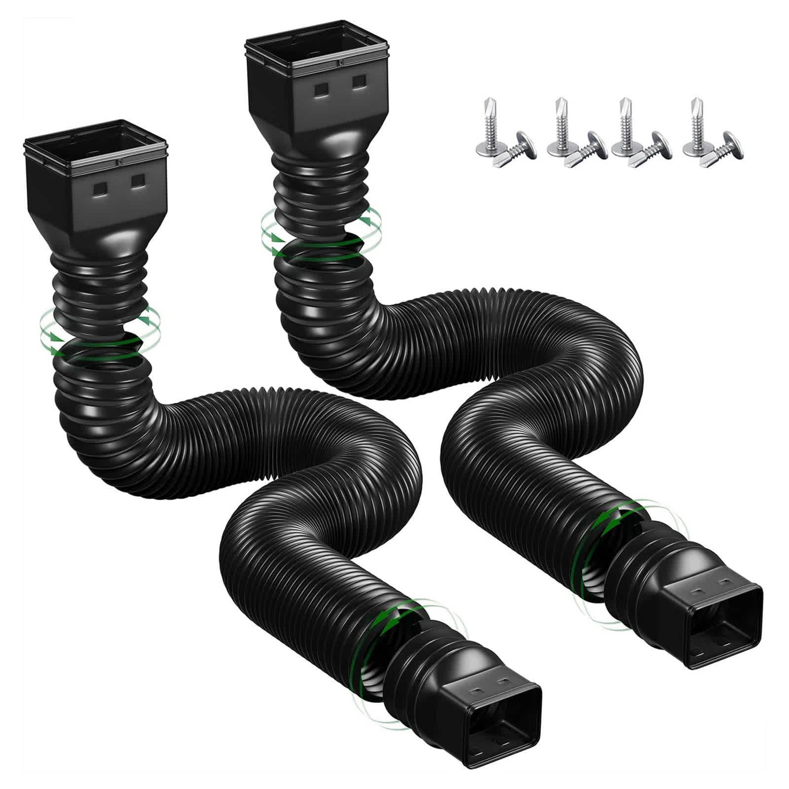 Etokfoks  2 Pack Rain Gutter Downspout Extensions Flexible Extends 21 to 68 Inch Fits 2x3 and 3x4 Inch Downspouts Screws Included Black