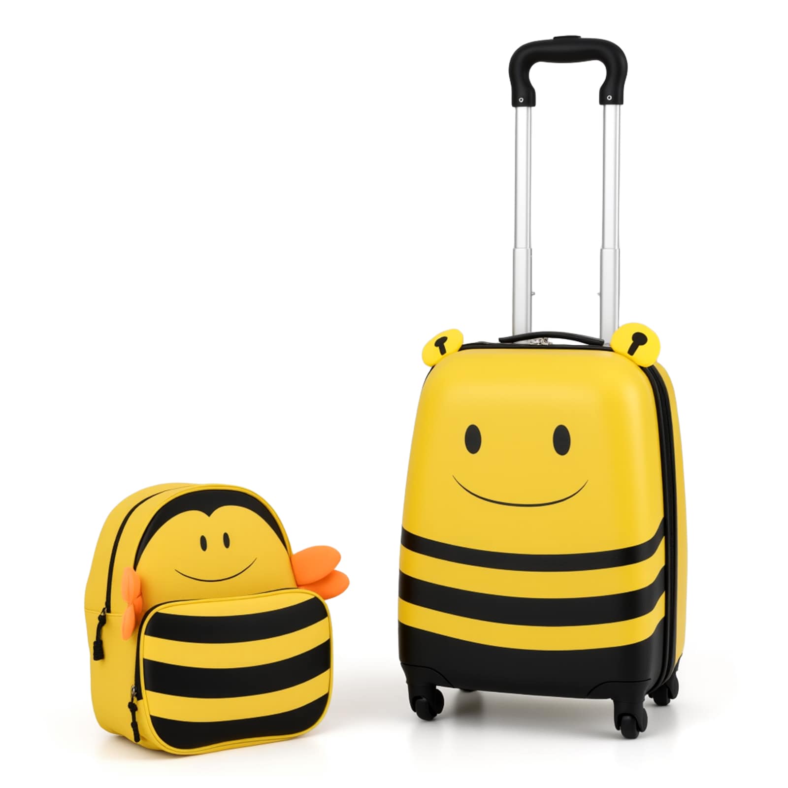 Slickblue Kids Travel Bee Theme 12 inch x 8 inch x 32 inch Yellow ABS/PC Spinner Luggage Set Kids Rolling Suitcase with Backpack 2-Bag