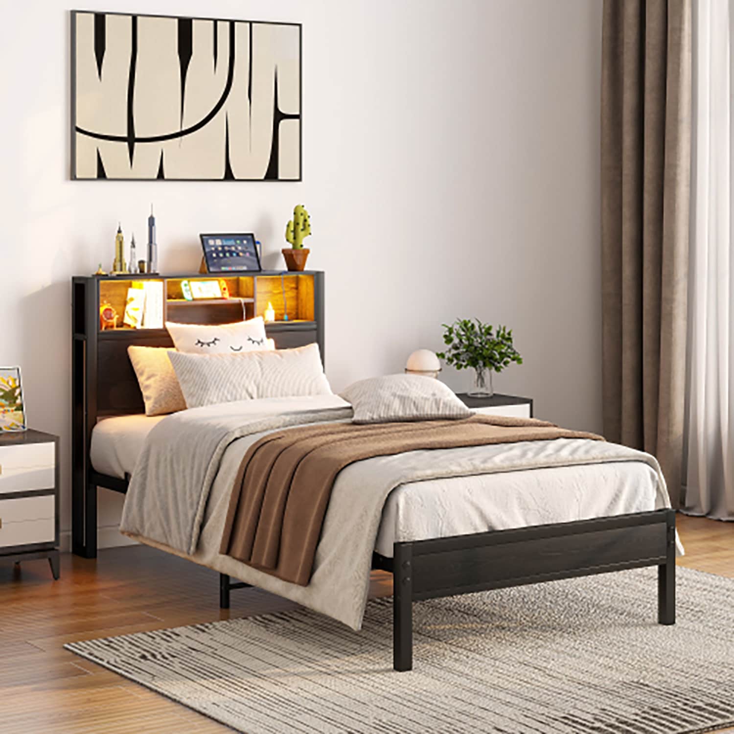 GZMR GZ-HF01065 Brown Twin Metal Bed frame Bed
