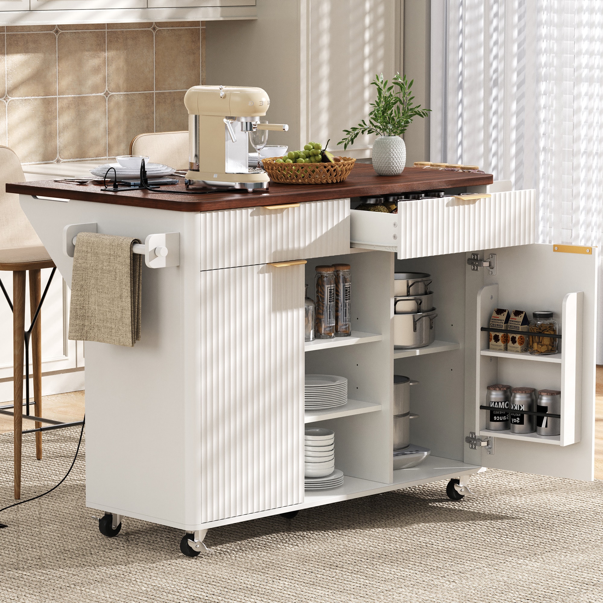 Huluwat 52-inch Fluted Kitchen Island with Drop Leaf Power Outlet Kitchen Storage Cart with Adjustable Shelves 2 Doors and 2 Drawers Rolling Island Table with Walnut Color Top for Kitchen White