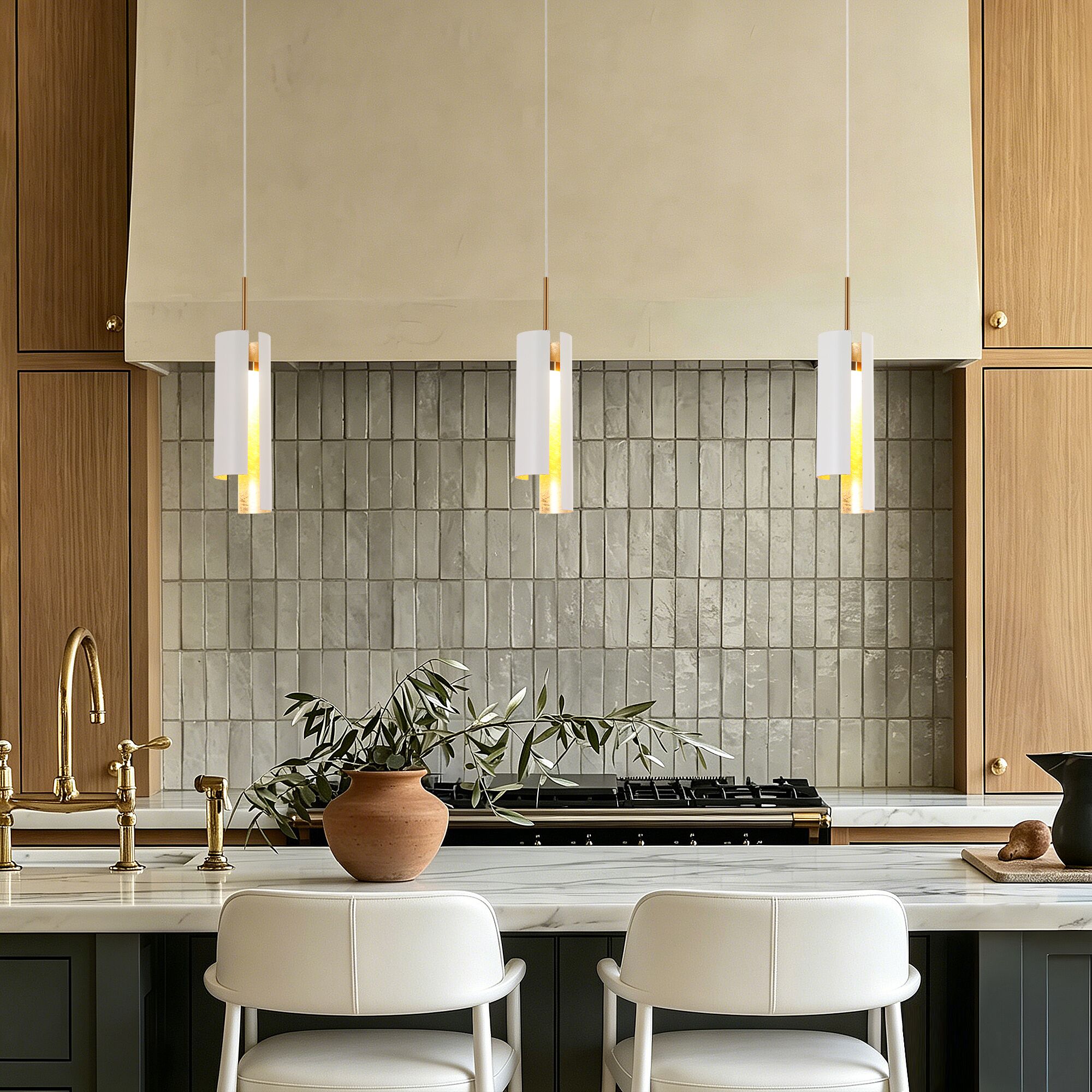 ZEVNI 1 -Light Matte White/Gold Modern/contemporary Metal Cylinder LED Mini Hanging Pendant Light