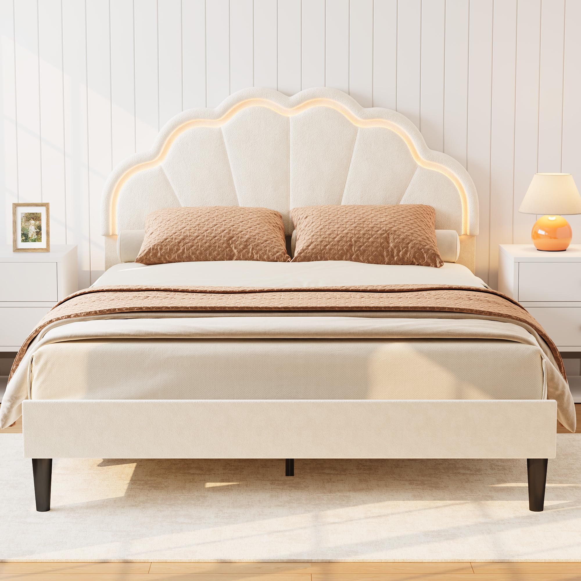 Assile Queen White LED Upholstered Bed Frame with Seashell Headboard - Box Spring Not Needed