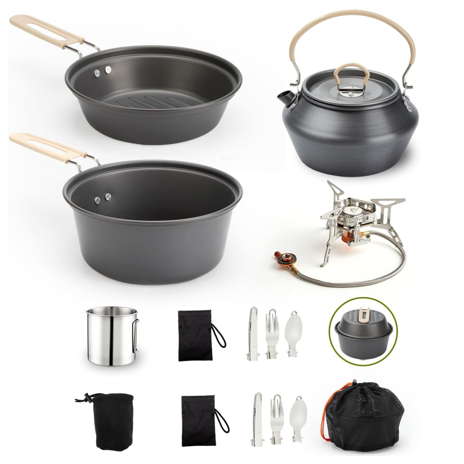 Wudkey 15-Piece Set Anodized Aluminum Camping Cookware Kit with Pot stove Kettle Pan Utensils and Plates for Backpacking