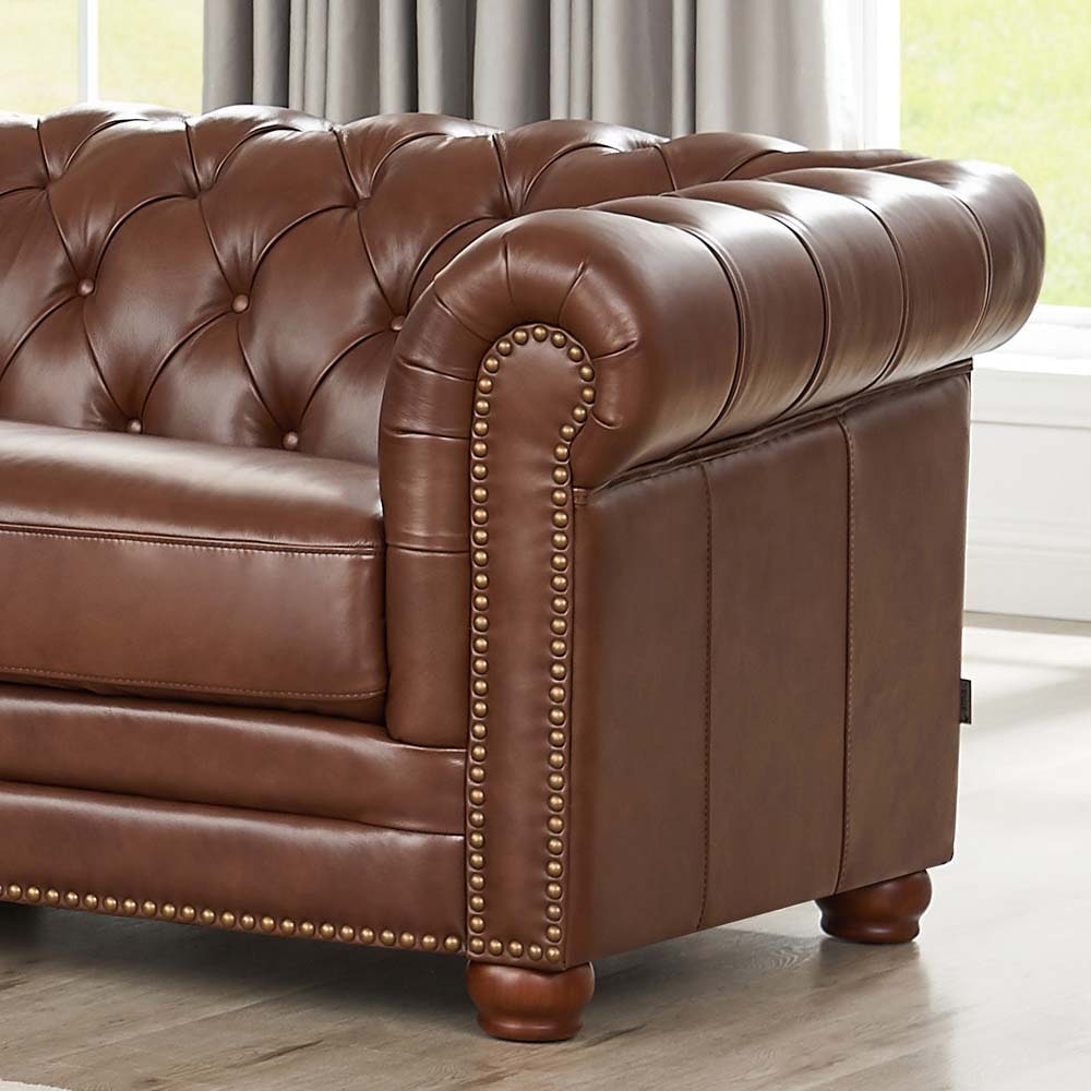 Hydeline Alton Bay Top Grain Leather Chesterfield Loveseat - Caramel Brown