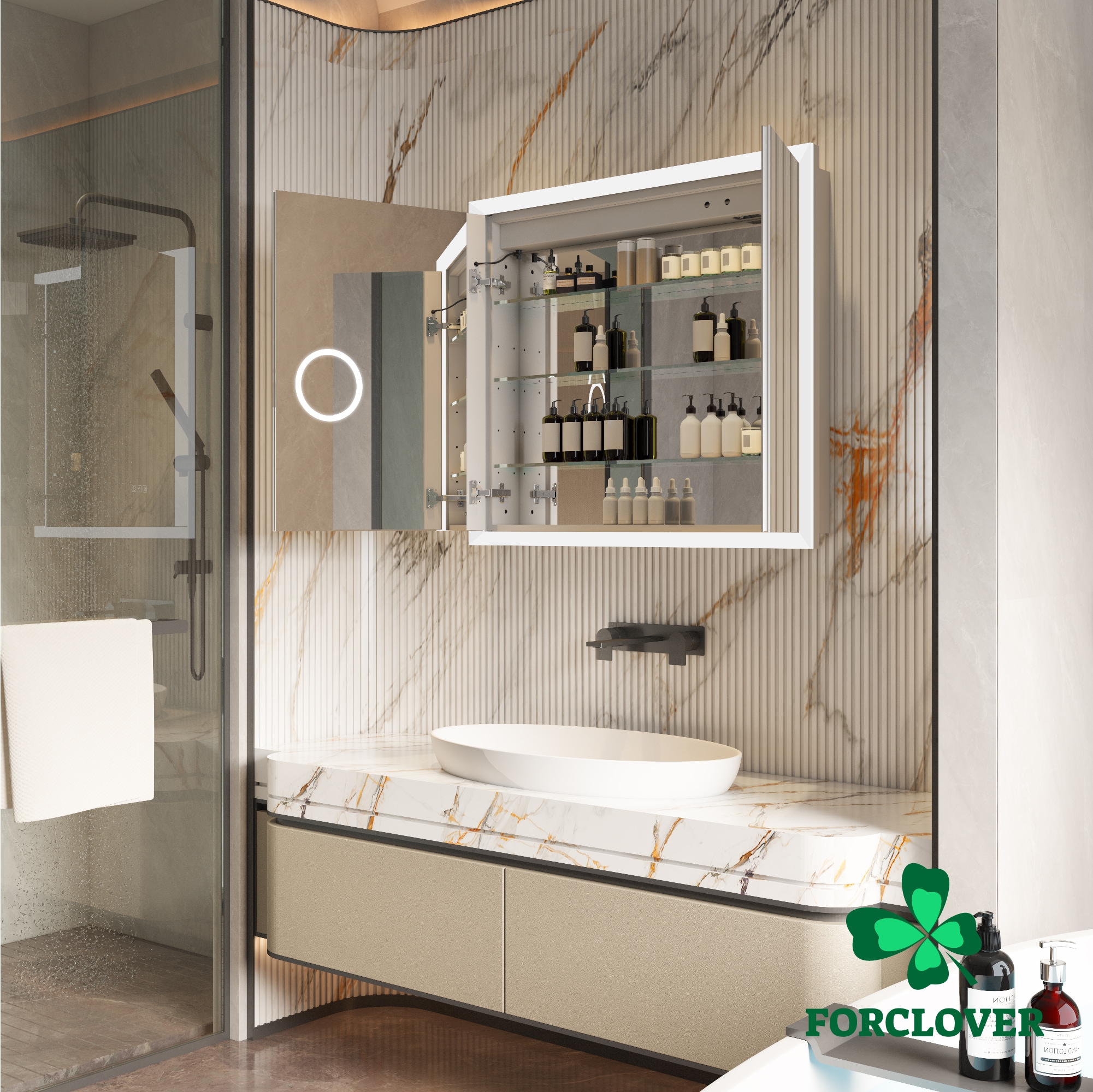 Forclover 36-in x 32-in Lighted LED Fog Free Surface/Recessed Mount Silver Mirrored Soft Close Medicine Cabinet with Outlet