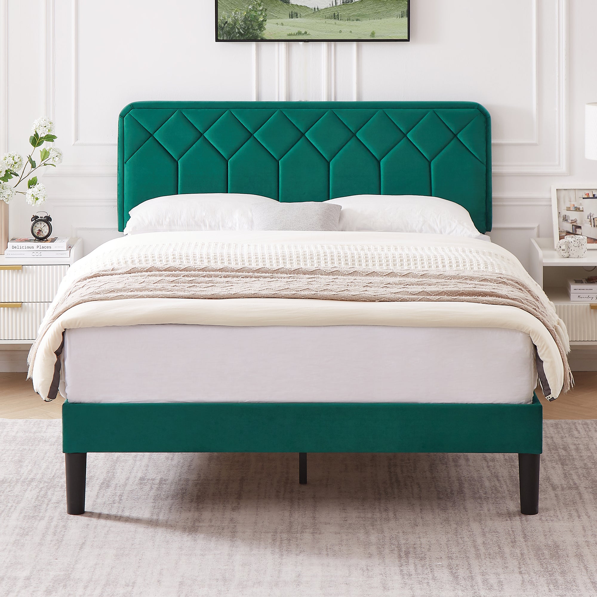 Vecelo LOE-CY-QB02-DGRN Queen Size Bed Frame Velvet Upholstered Platform with Adjustable Headboard Easy Assembly Dark Green
