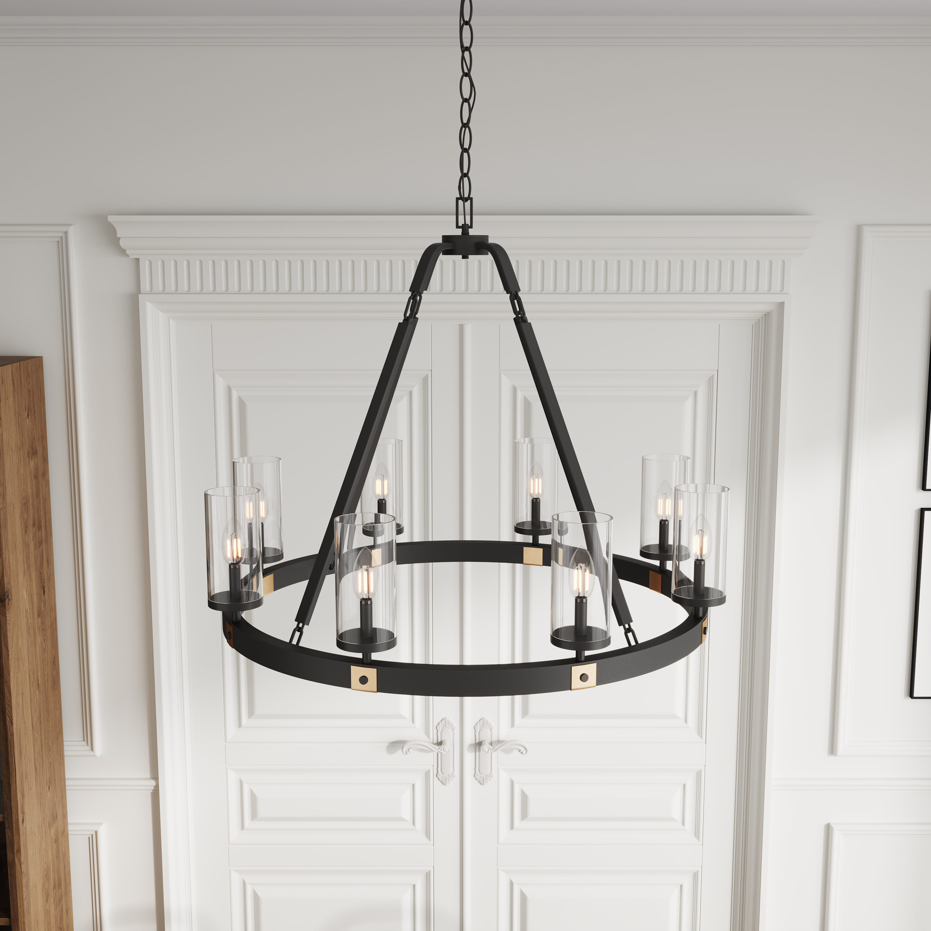 Black Industrial Wagon Wheel Candle Chandelier with Clear Glass Shades