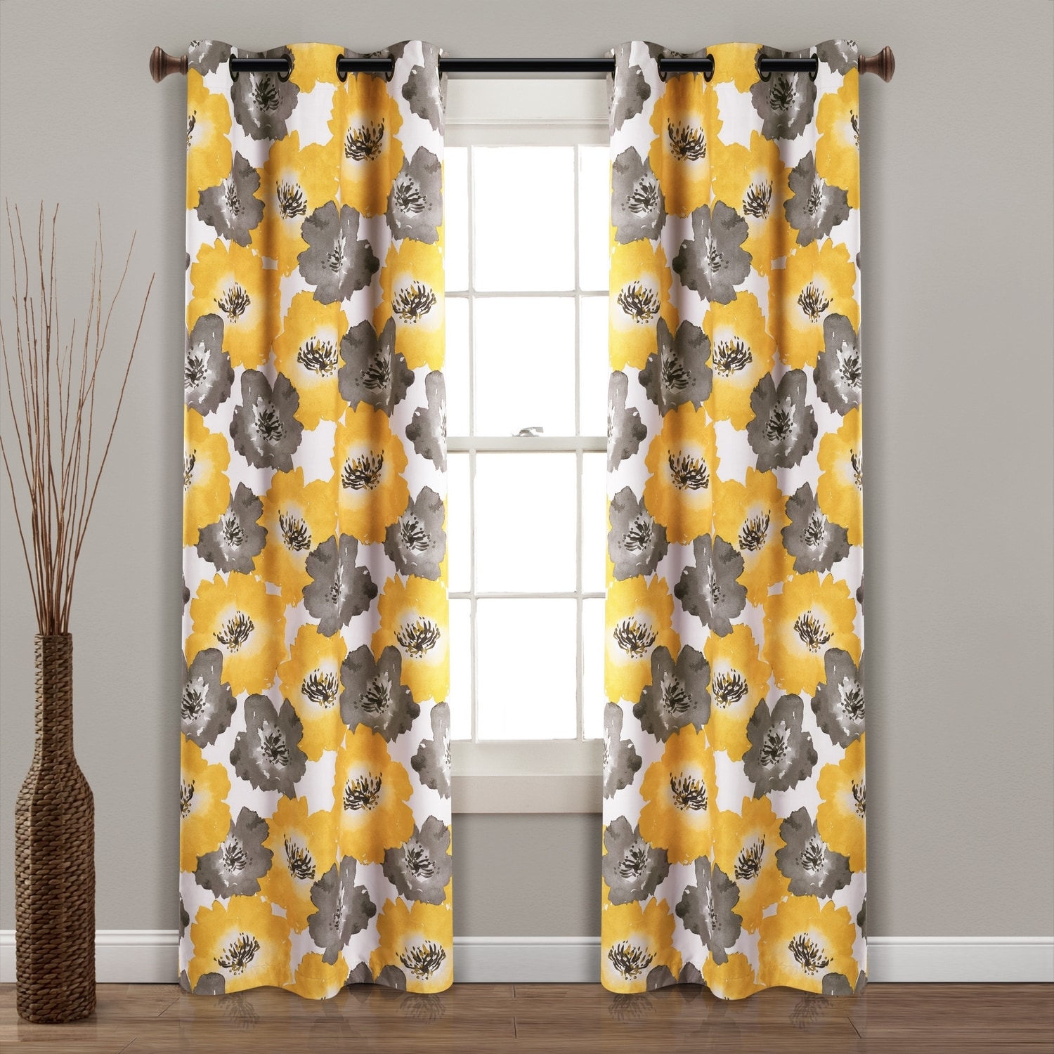 Lush Decor 16T004490 84-Inches Yellow Floral Blackout Grommet Curtain panel pair