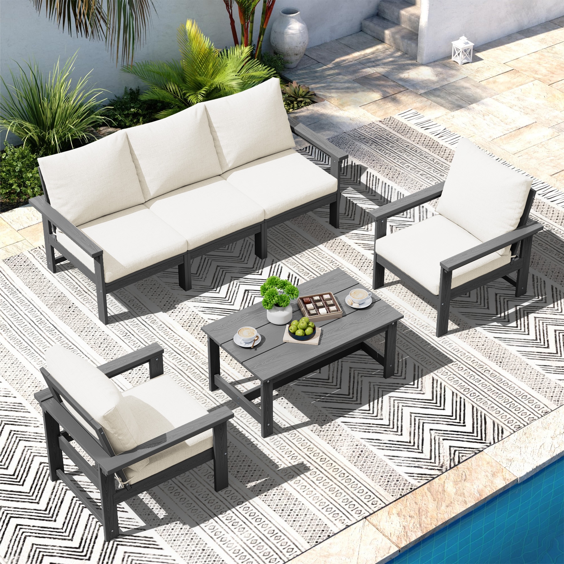 JEAREY PEZHSF06-GK Durable HDPE Patio conversation Set with Coffee Table Outdoor Sectional with Beige Cushions and HDPE Frame