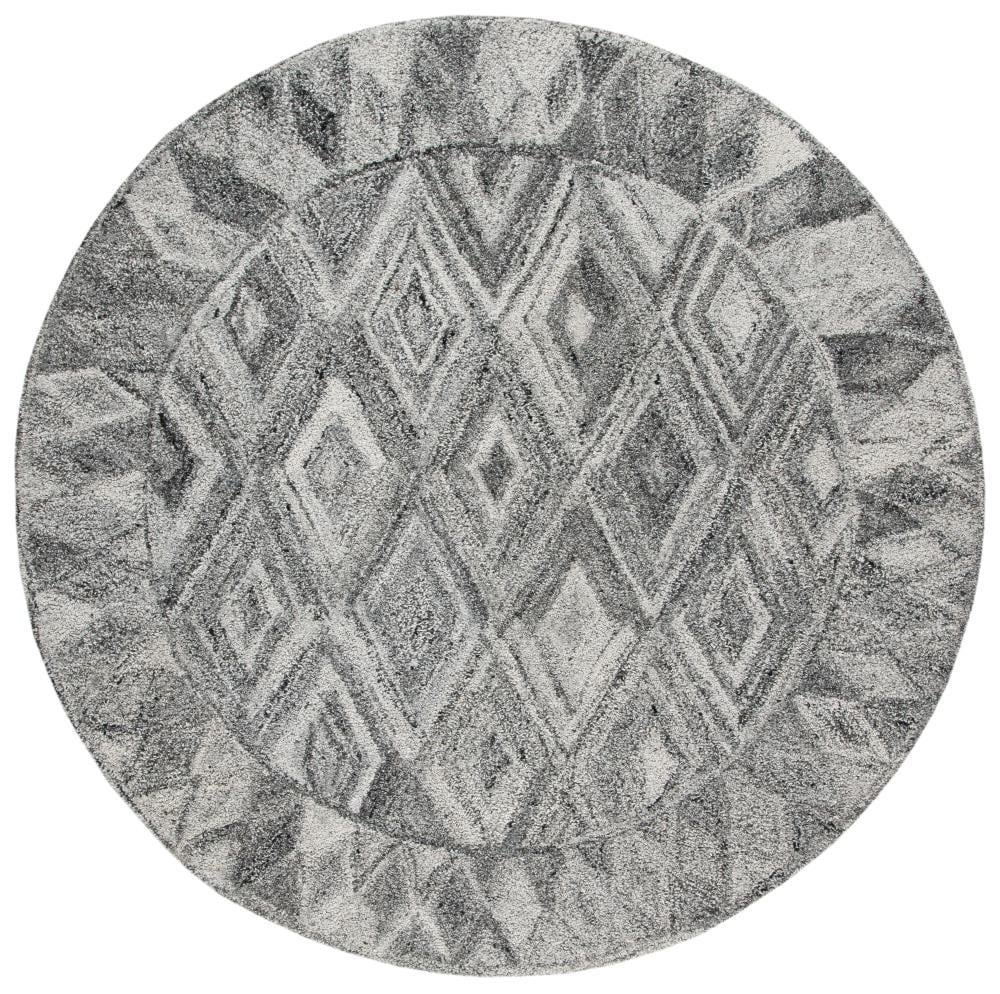 Handmade Round Grey and Black Wool Abstract Area Rug, 6' x 6'