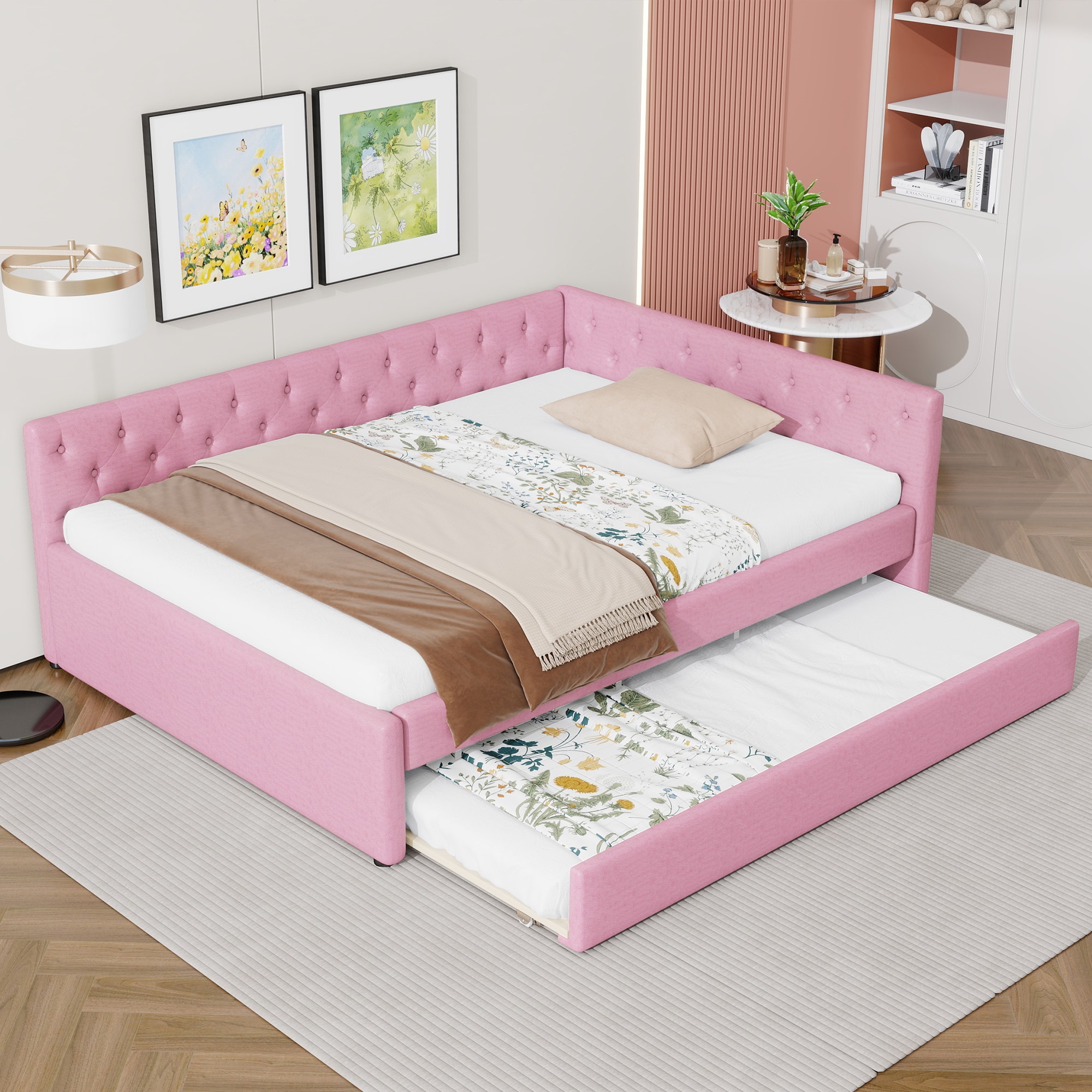 ModernLuxe L3P-DL000600AAH Full XL Size Upholstered Tufted Button Platform Bed with Twin XL Trundle Pink