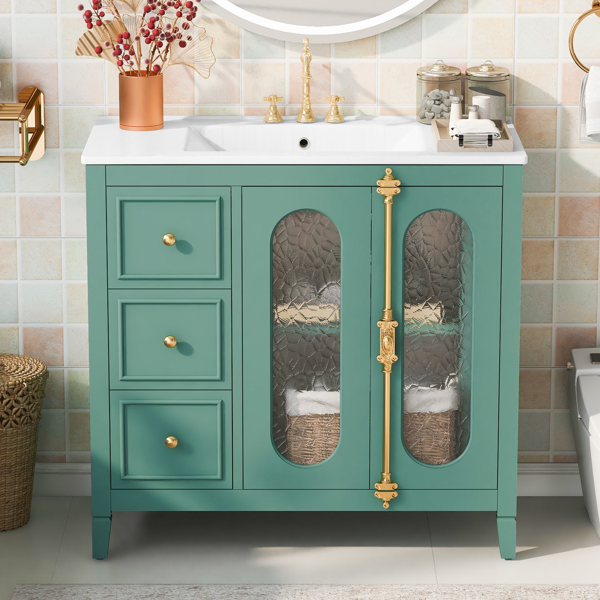 AAZJ Bathroom Vanities with Top 36-in Lake Green Undermount Single Sink Bathroom Vanity with White Ceramic Top