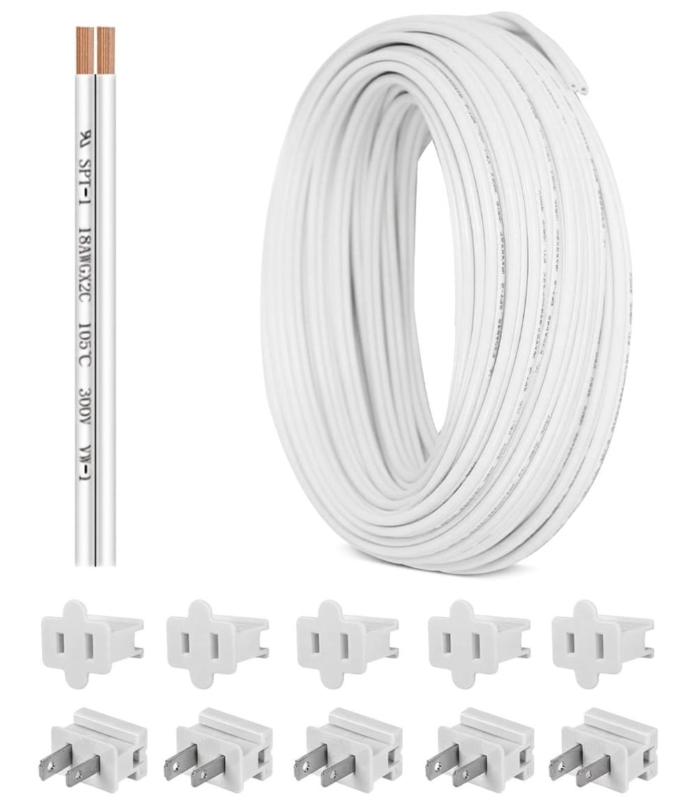 Lukvuzo 200FT 18 Gauge SPT-1 2 Conductor White Stranded Copper Wire Roll with 10 Pairs Vampire Plugs UL Listed for Low Voltage Landscape Lighting Outdoor #LLU0424T51