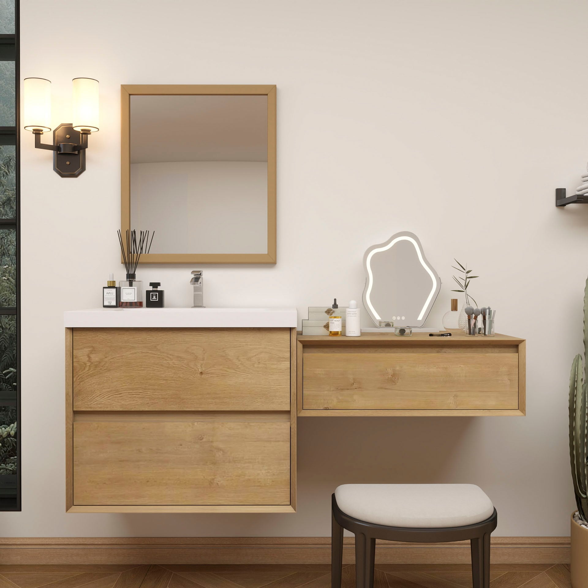 BV Better Vanity SLIM36+36-OAK Kingdee 72-in Teak Oak Single Sink Floating Bathroom Vanity with White Acrylic Top