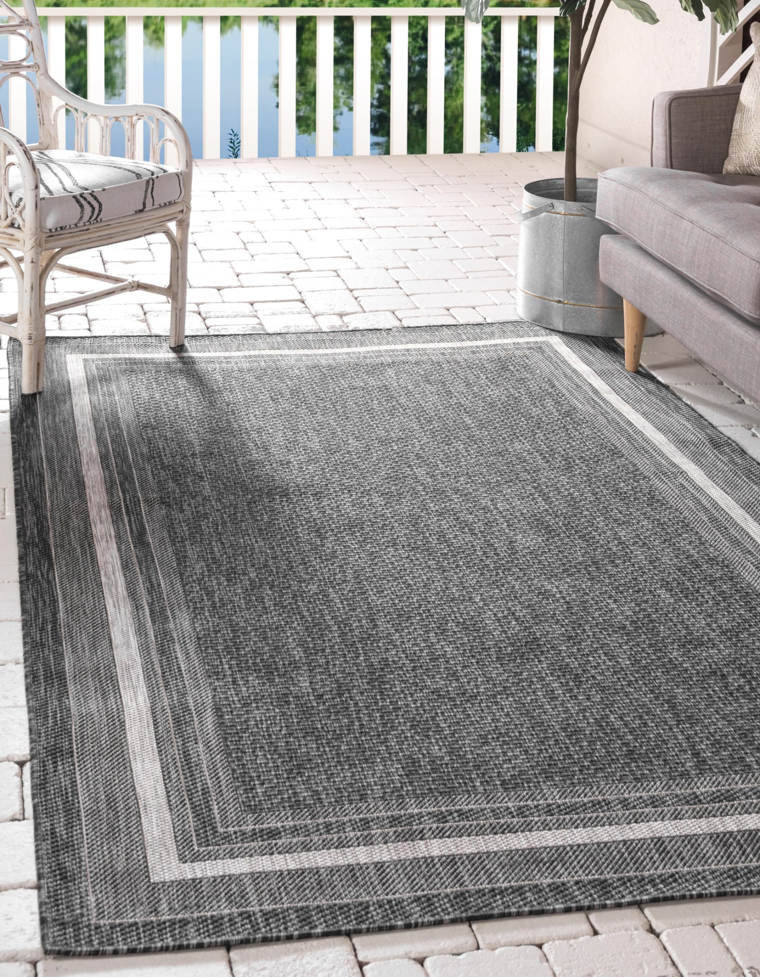 Shop Outdoor Border Geometric Rectangular 8x11 Rug Gray & Black, Outdoor  Rugs