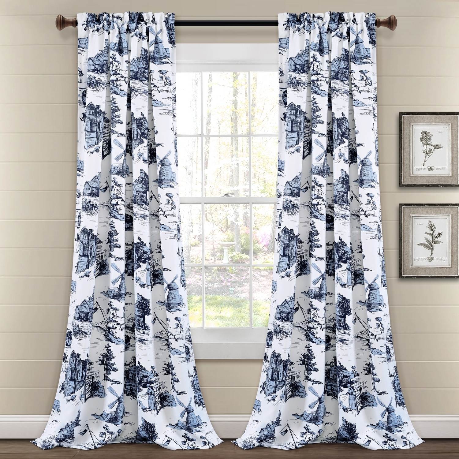 White and Blue Polyester Room Darkening Rod Pocket Curtain Panels