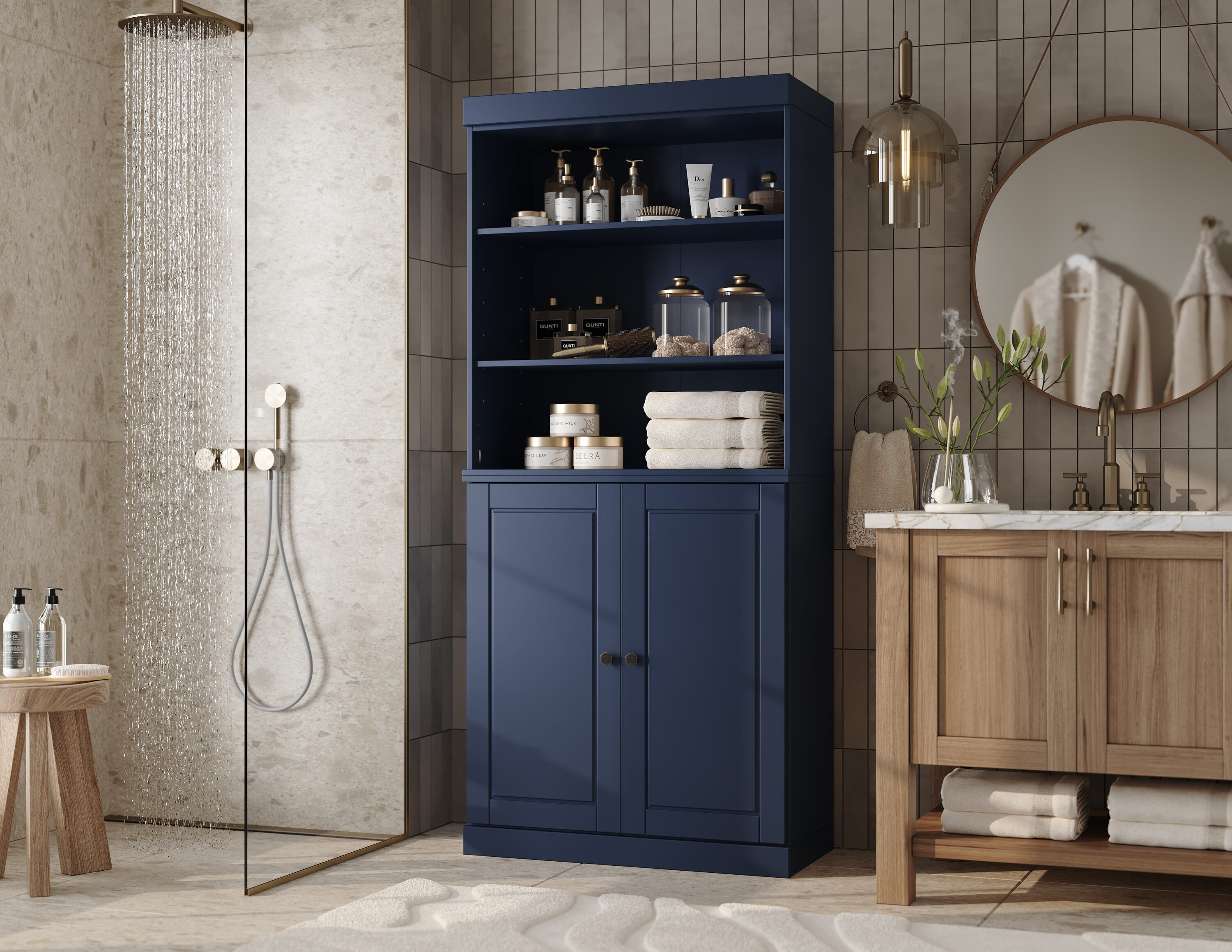 Palace Imports 32-in W Solid Wood Tall Modular Bathroom Linen Storage Cabinet with Open Shelf Raised Panel Doors Adjustable Shelves