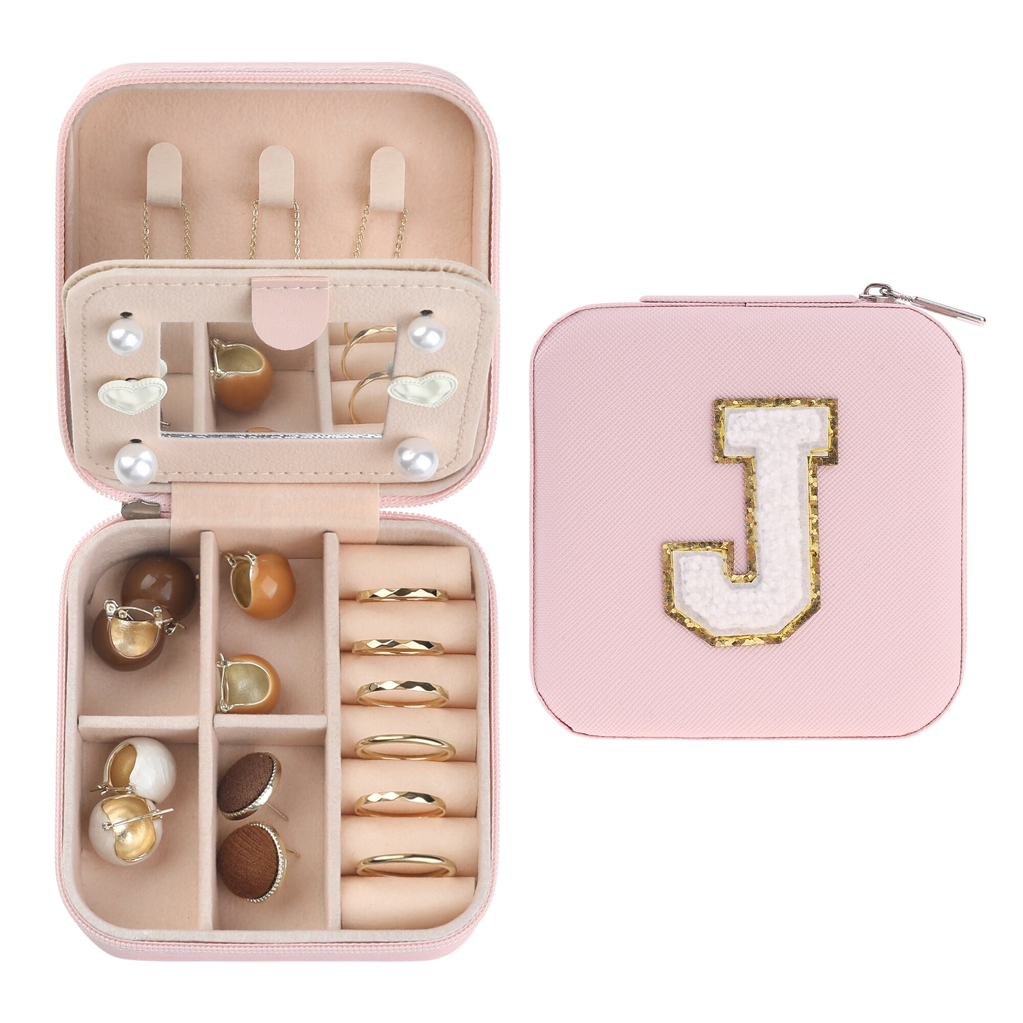 Unique Bargains Travel Jewelry Box with Mirror for Women Girls Gifts Mini Portable PU Leather Jewelry Organizer Case Storage Display Holder J Pink