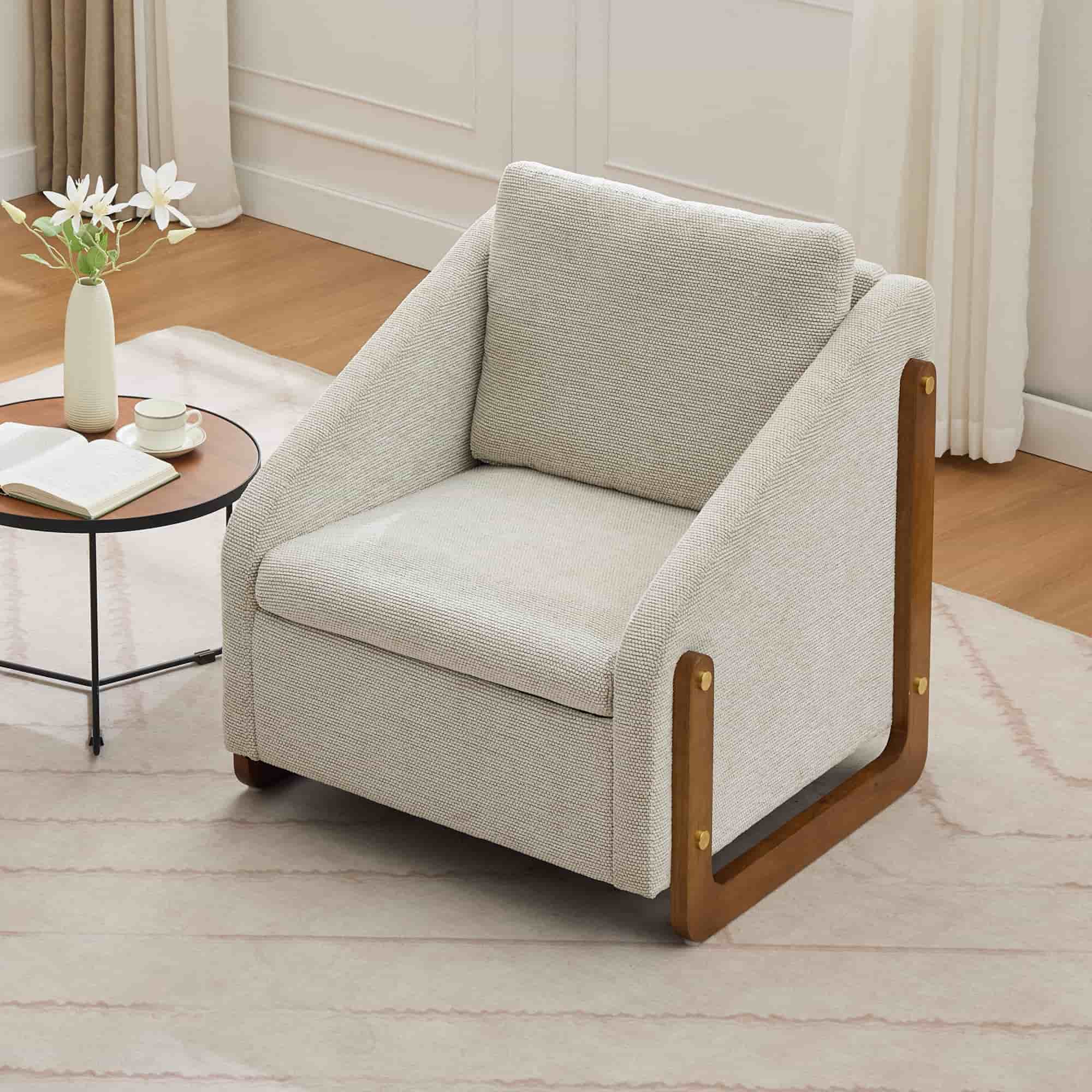 Maison Boucle Beige Chenille Single Accent Chair Modern Upholstered Chair with Wood Frame for Living Room