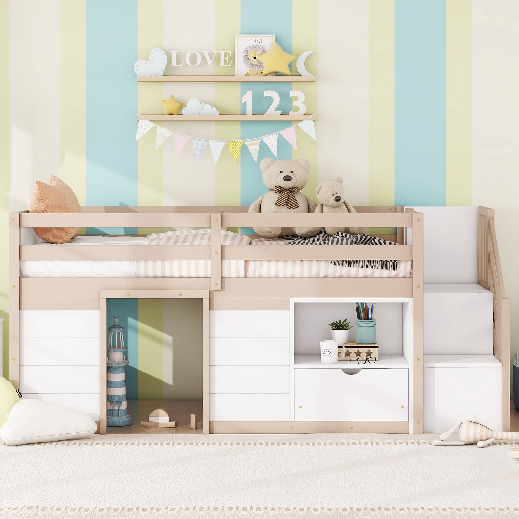 Bellemave Twin Low Loft Bed with Storage Drawers Safety Guardrails and Sturdy Stairs Modern Farmhouse Wood Loft Bed for Kids Cream White