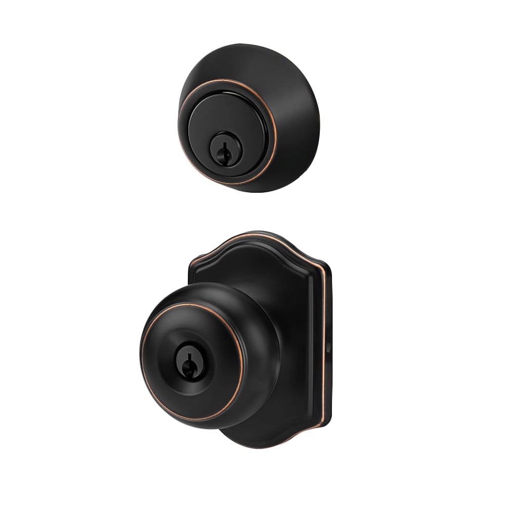CLCTK Oil Rubbed Bronze Entry Door Knob with Round Knob and Arched Backplate Front Door Lockset with Single Cylinder Deadbolt