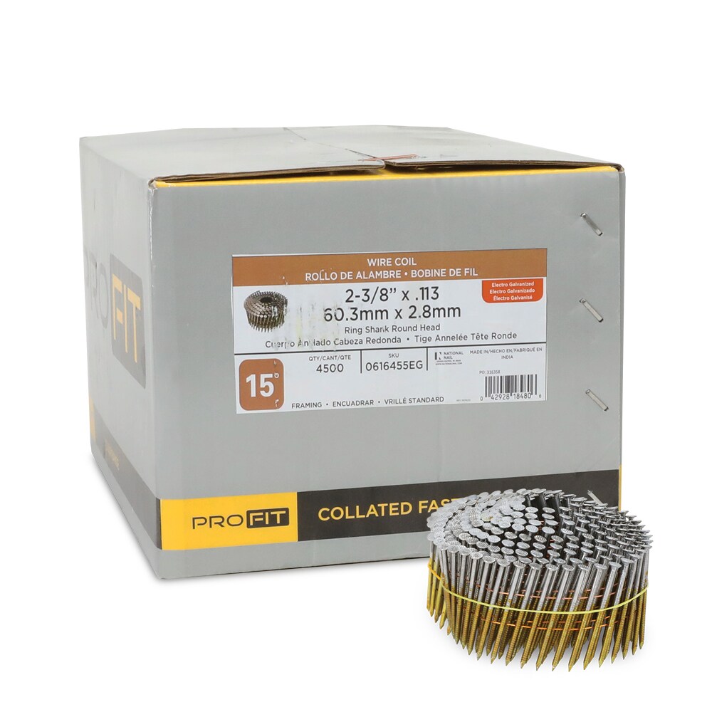 PRO-FIT 0616455EG 2-3/8-in x 0.113-Inches 15 -Degree Electro-galvanized Ring Shank Collated Framing nails ( 4500 -Per Box )