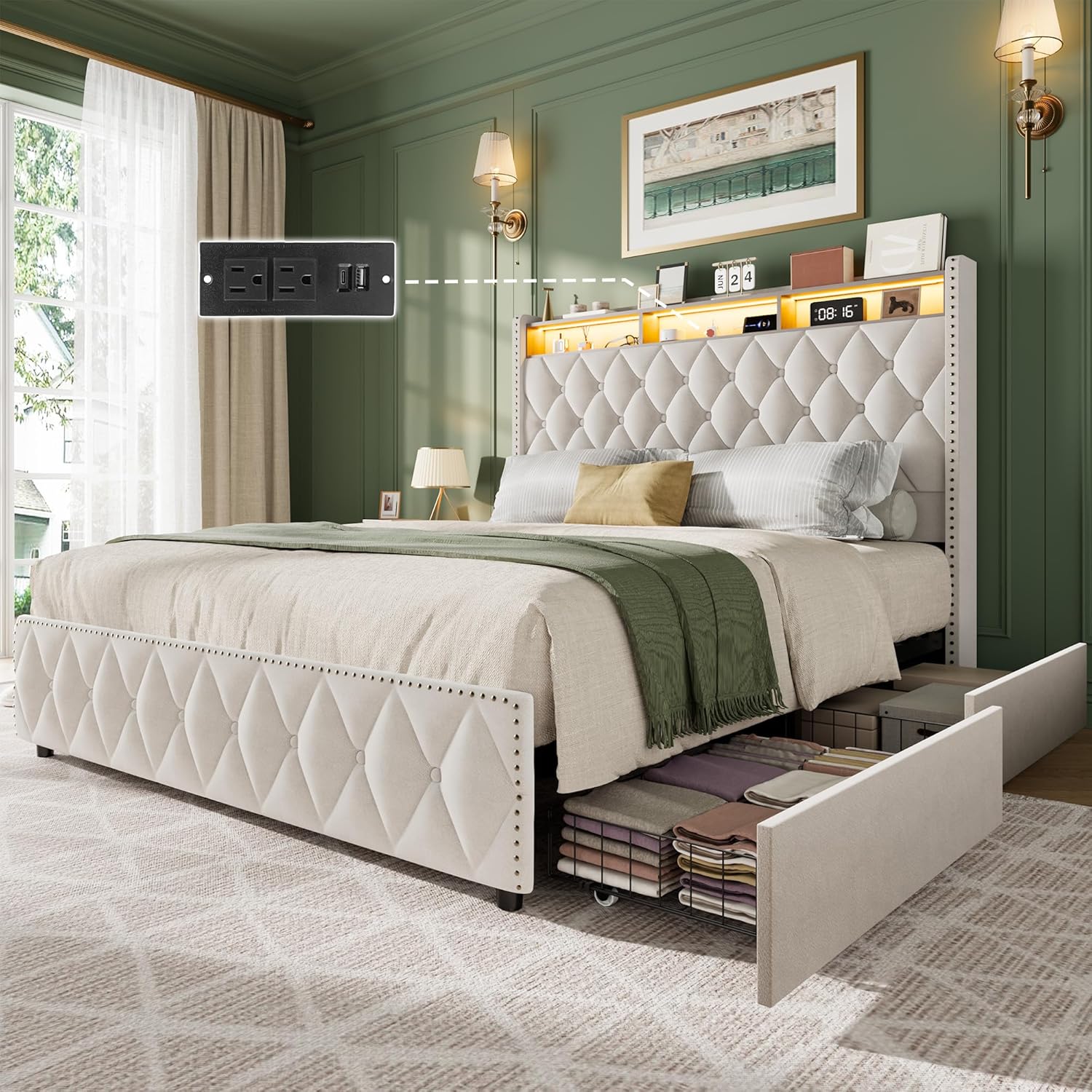 Qeetex LHF-BED-PHK-33E3MJAL Queen Bed Frame with 51inch Tall Headboard Platform Velvet Upholstered Bed Frame with 4 Storage Drawers USB Charging Station Led Lights No Box Spring Needed Easy Assembly Beige