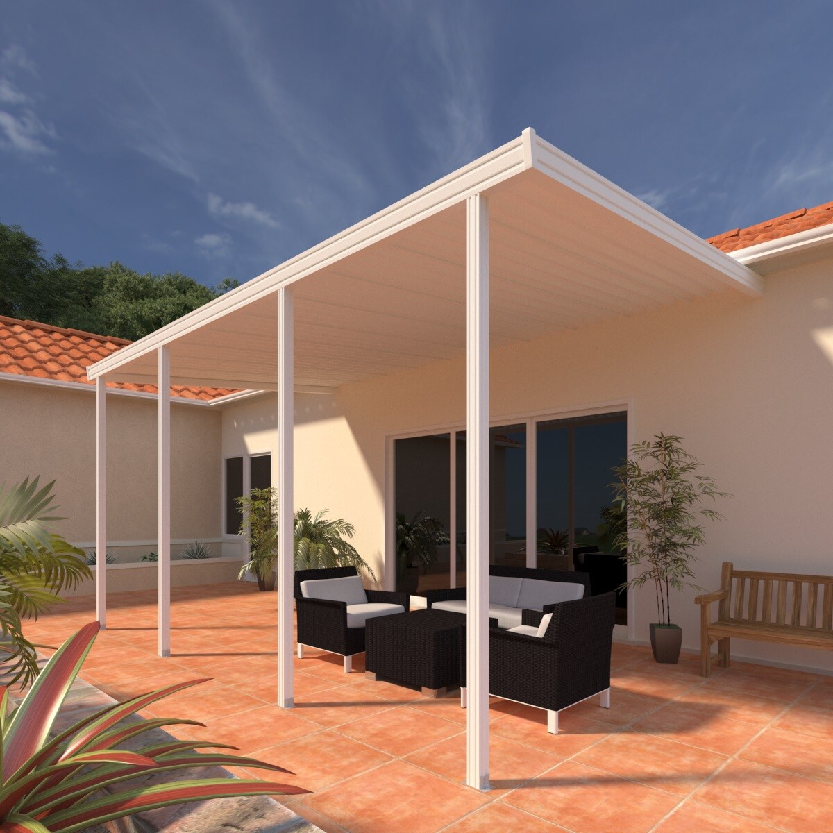 20 ft. x 12 ft. White Aluminum Attached Solid Patio Cover with 4 Posts (10  lbs. Live Load)