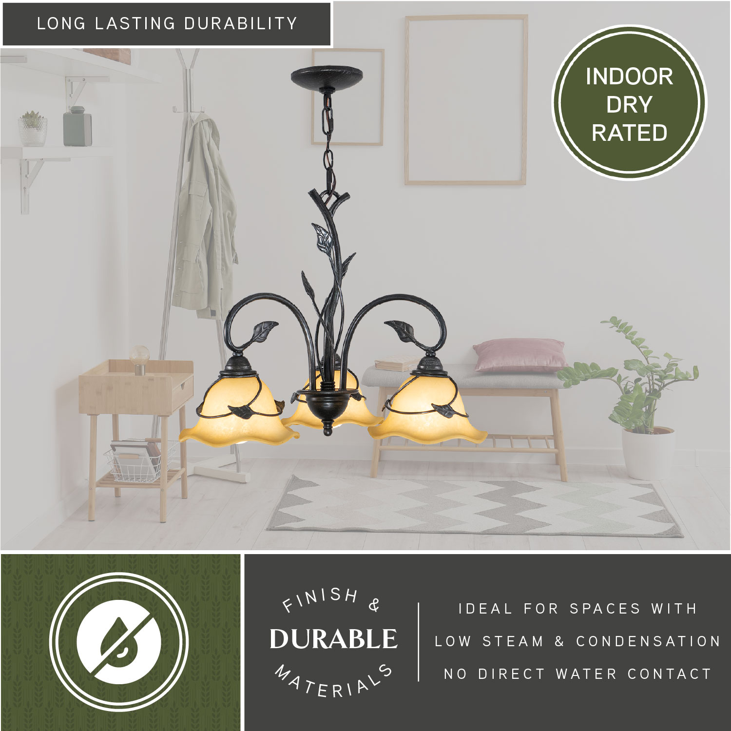 Vine Black Steel 3-Light Chandelier with Amber Glass Shades