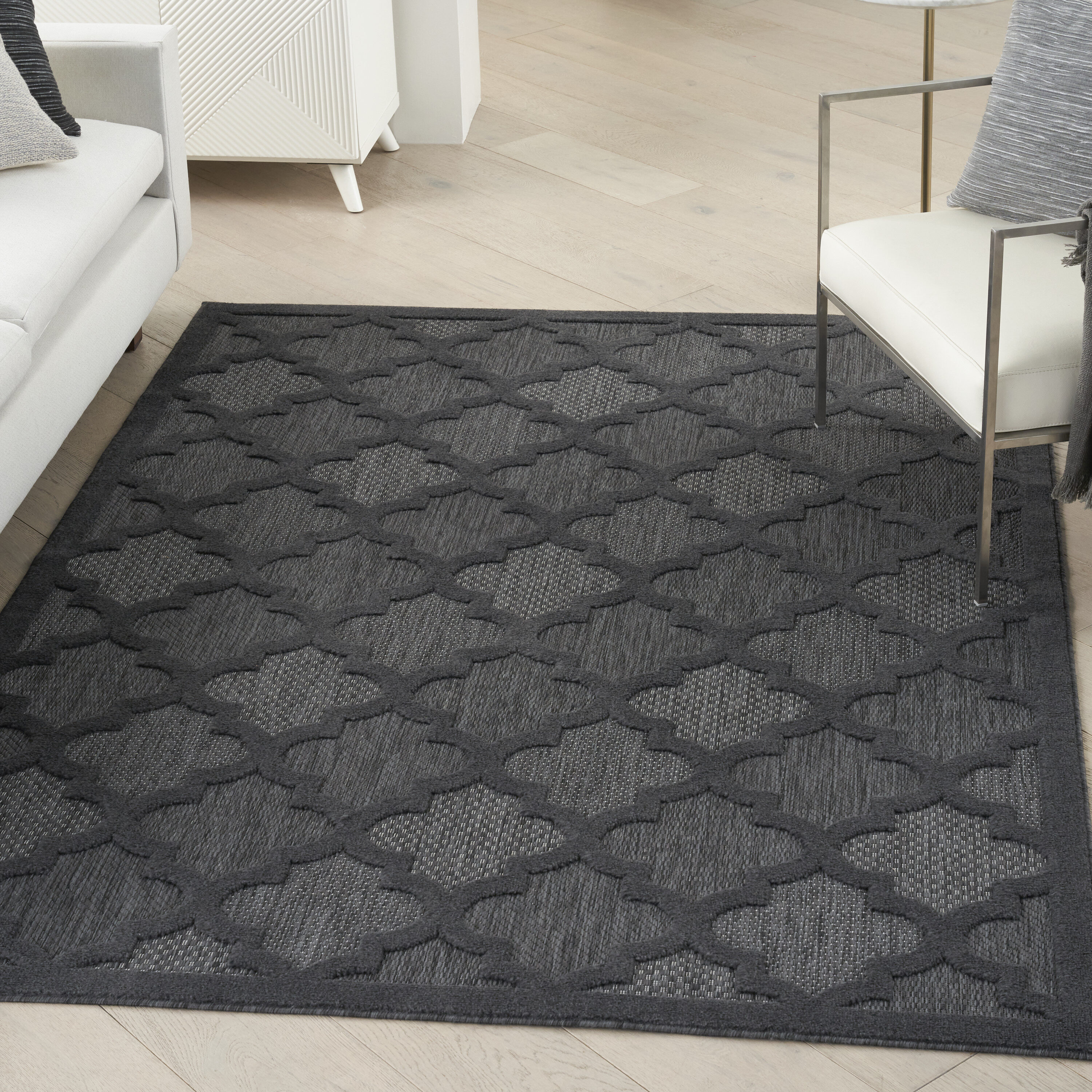 Nourison 099446041203 Easy Care 5 x 7 (ft) Polypropylene Charcoal/Black Rectangular Indoor/Outdoor Trellis Moroccan Area rug