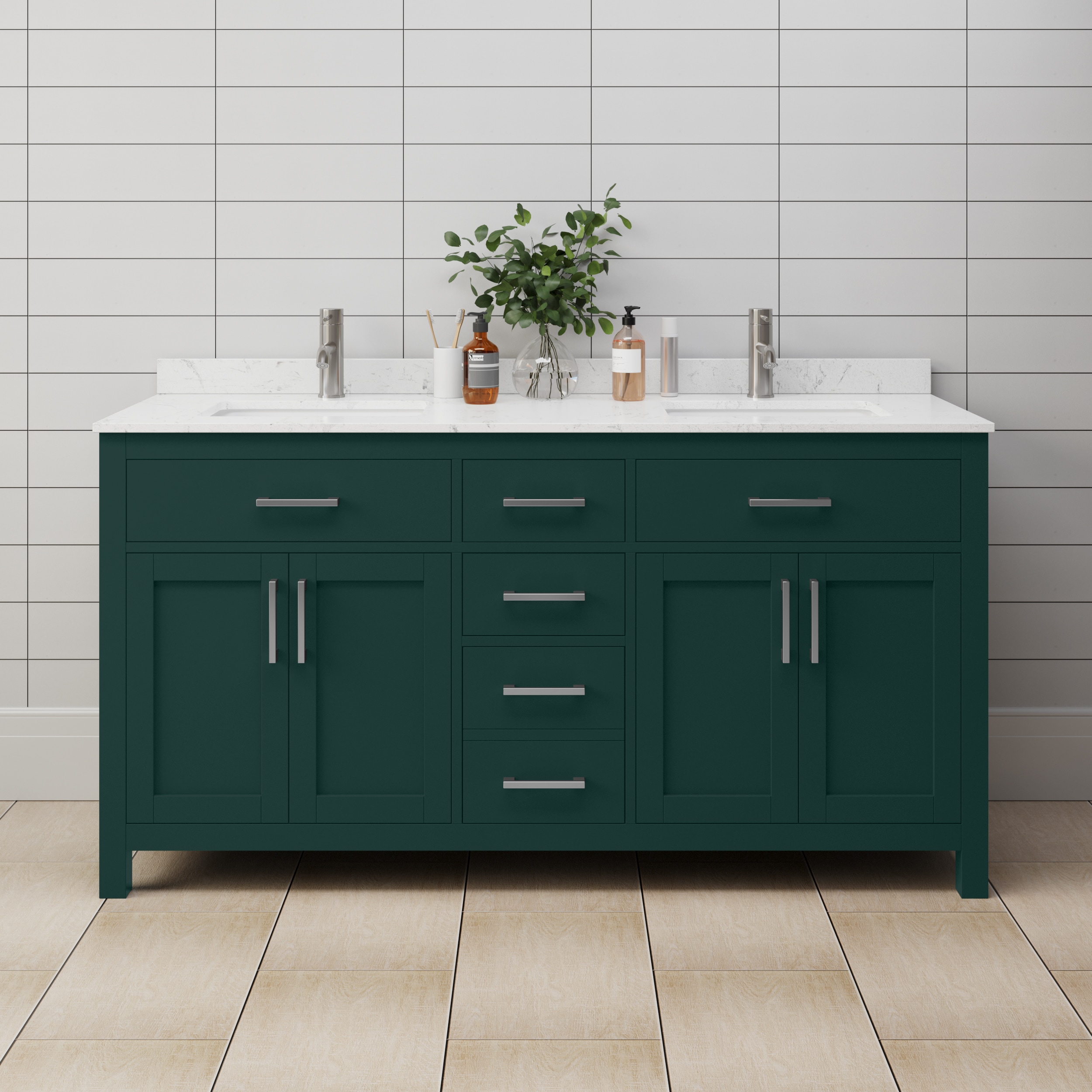 Wyndham Collection WCG242466DGECCUNSMXX Beckett 66-in Green with Brushed Nickel Trim Undermount Double sink Bathroom Vanity with Carrara Cultured Marble Cultured marble Top