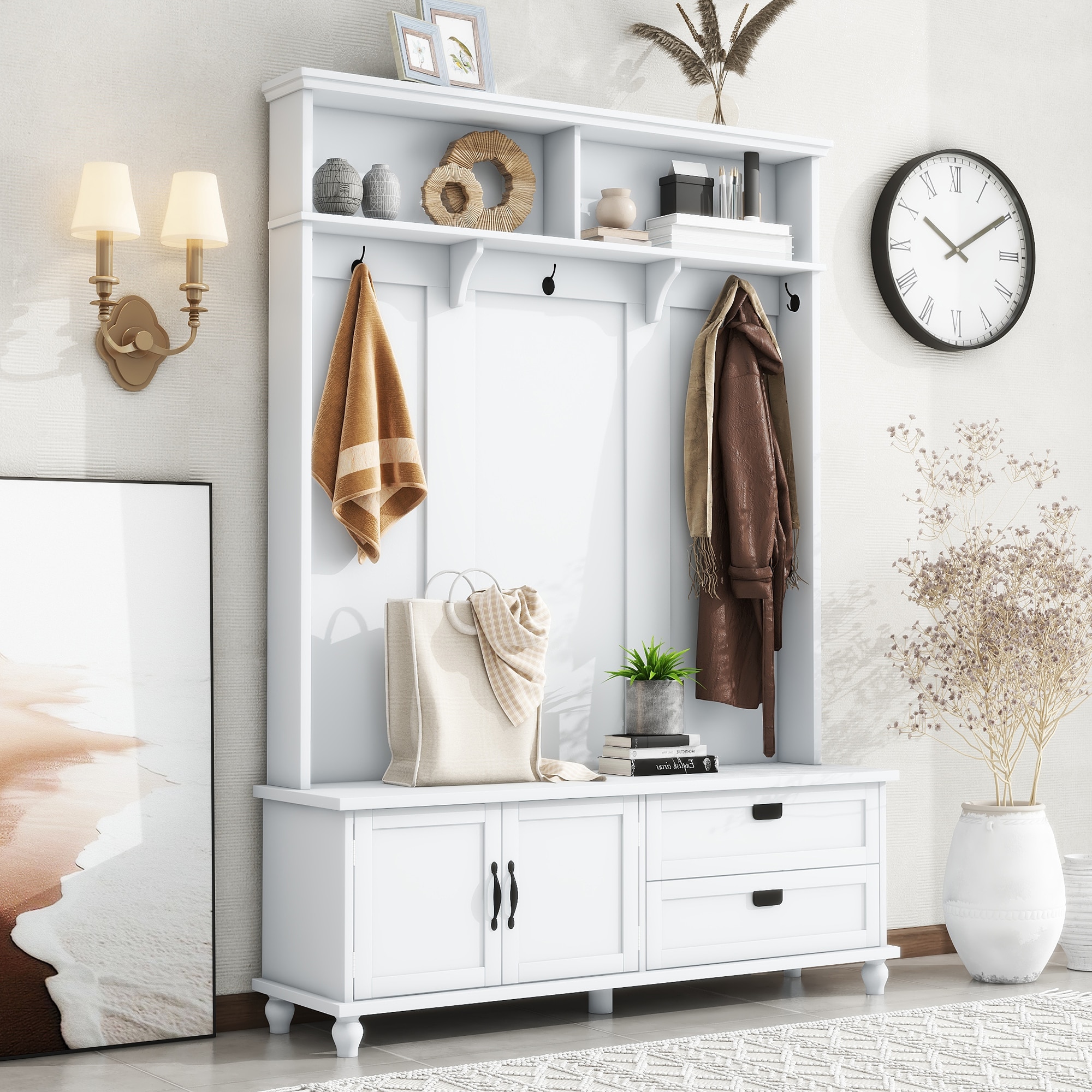 ModernLuxe WF306450AAK Modern Style Hall Tree with Storage Cabinet and 2 Large DrawersWiden Mudroom Bench with 5 Coat HooksWhite