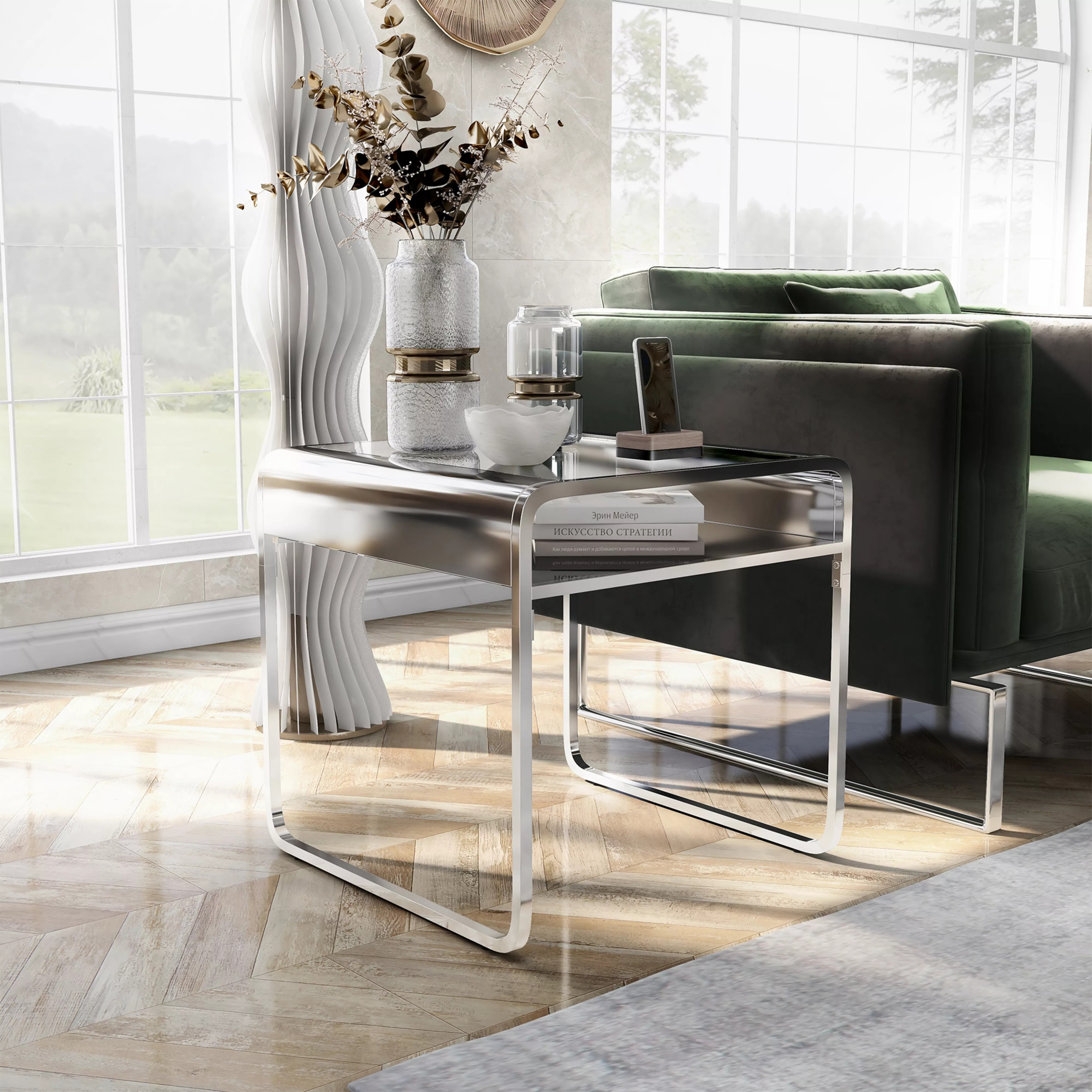 Furniture of America IDF-4247E Shelburn 24-Inches W x 23.75-Inches H Chrome Glass Square Modern End Table with Storage Assembly Required