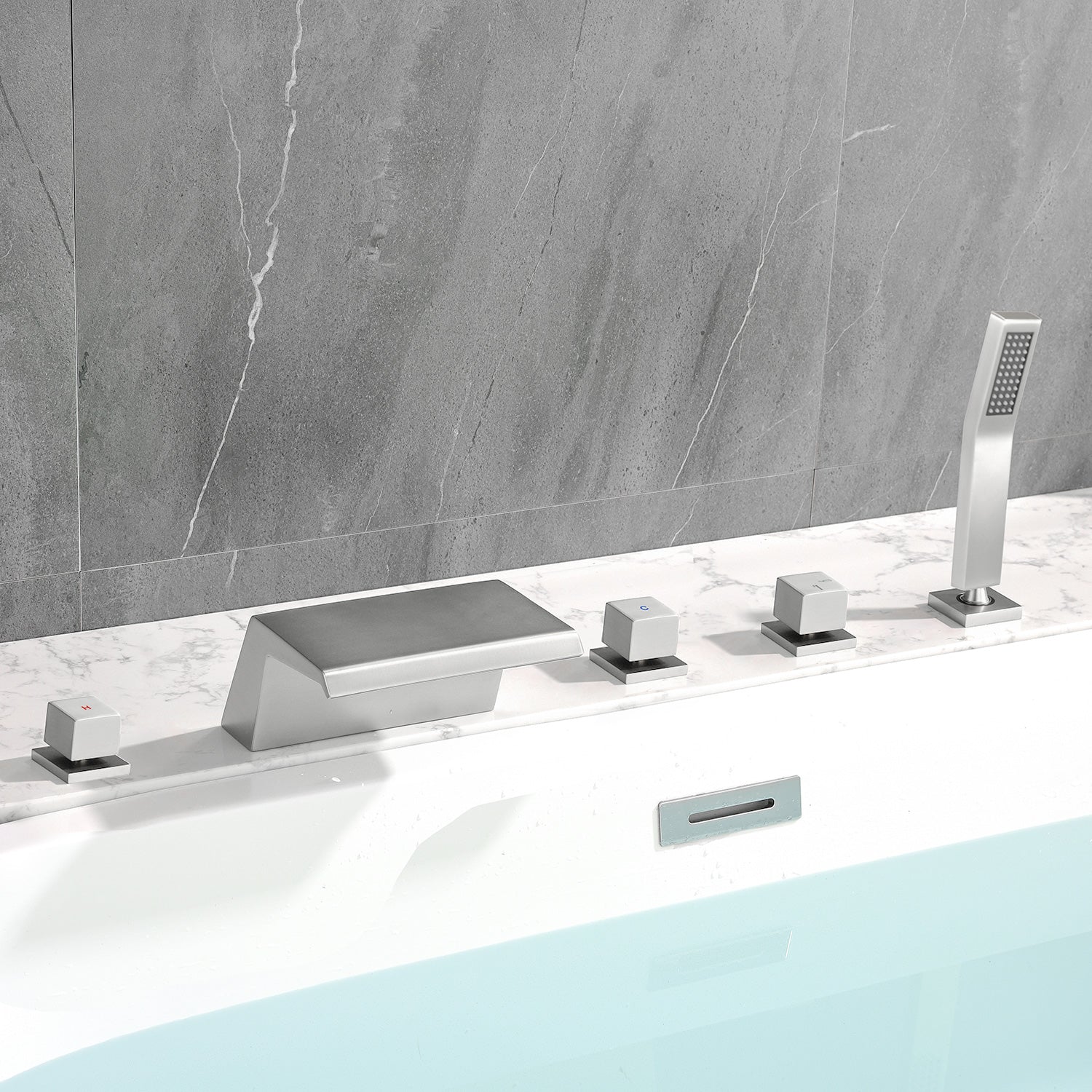 Boyel Living Brushed Nickel Polygonal Cold and Hot Water Bathtub Faucet with Handheld Shower Waterfall Outlet Five Hole Installation
