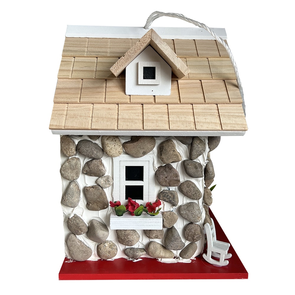 Handcrafted Stone Cottage Birdhouse with Red Accents