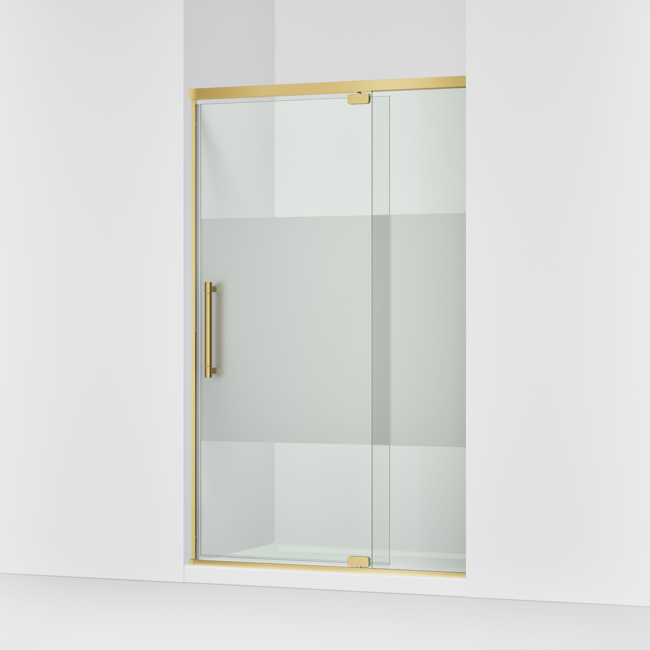 KOHLER Premise Vibrant Brushed Moderne Brass 43-5/8-in to 47-5/8-in W x 76.06-in H Frameless Clear with privacy band Glass Pivot Soft Close Shower door
