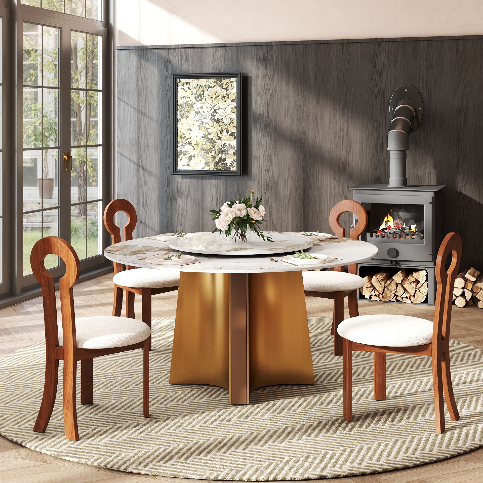 BuotiqHom DH-B-150P80-1G 59 in. Ink + Lazy Susan Round Contemporary/Modern Dining Table, Ceramic with Primed Steel 59-Inches L x 29.5-Inches H