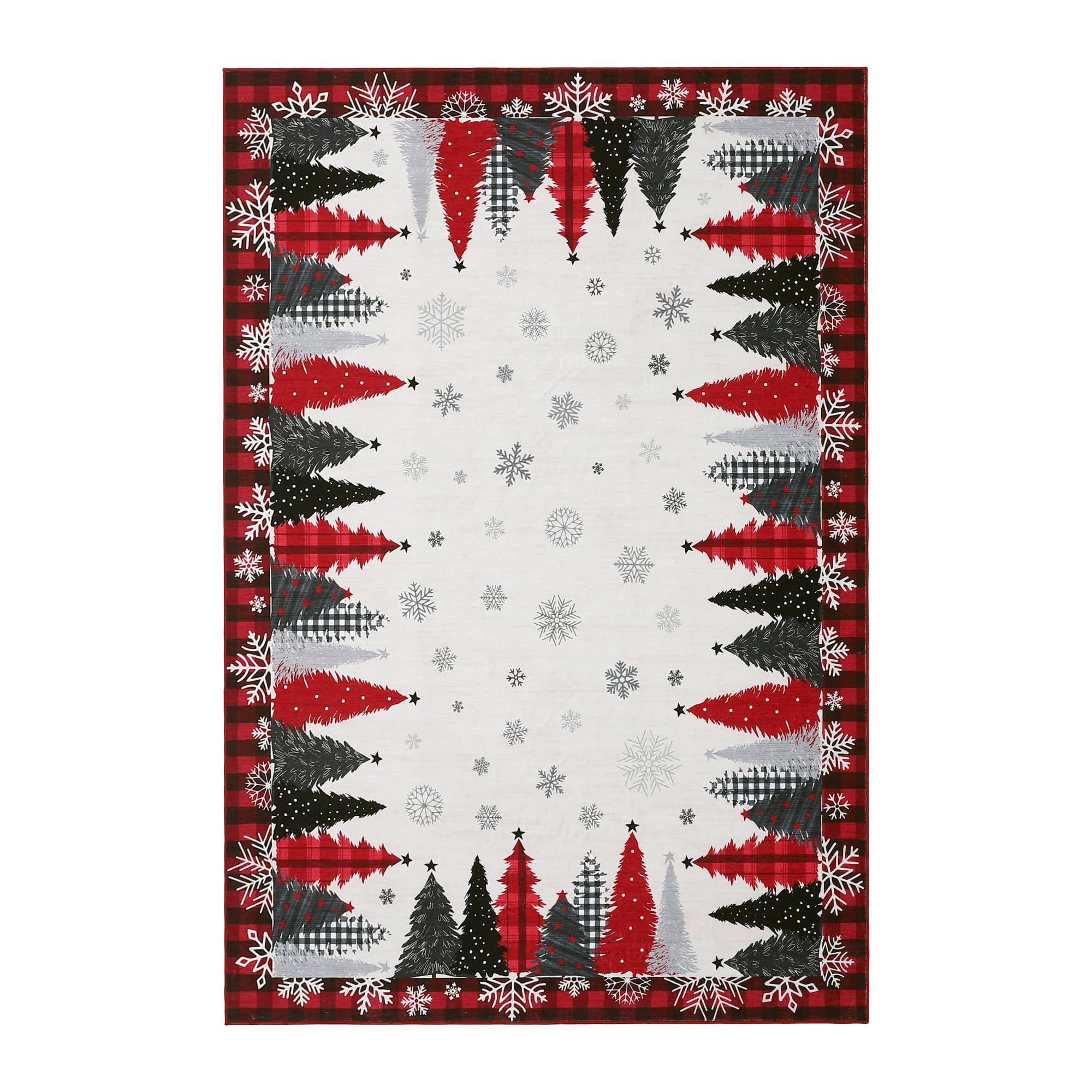 Qeetex SUNNY-PHK-35TXUNSB 4 x 6 ft Red Christmas Living Room Bedroom Dining Room Office Christmas Tree Snowflake Print Bordered Checkered Washable Modern Area Rug