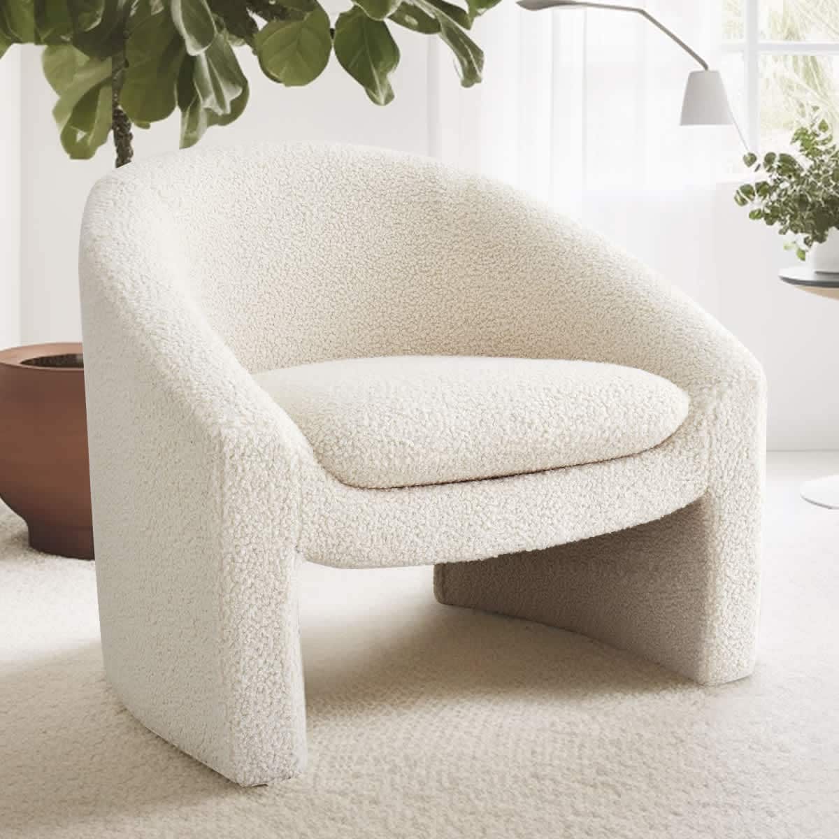 Maison Boucle KIKI-TEDDY-BEIGE Modern Beige Faux Shearling Barrel Accent Chair with Wide Seat Curved Back Armrest for Living Room