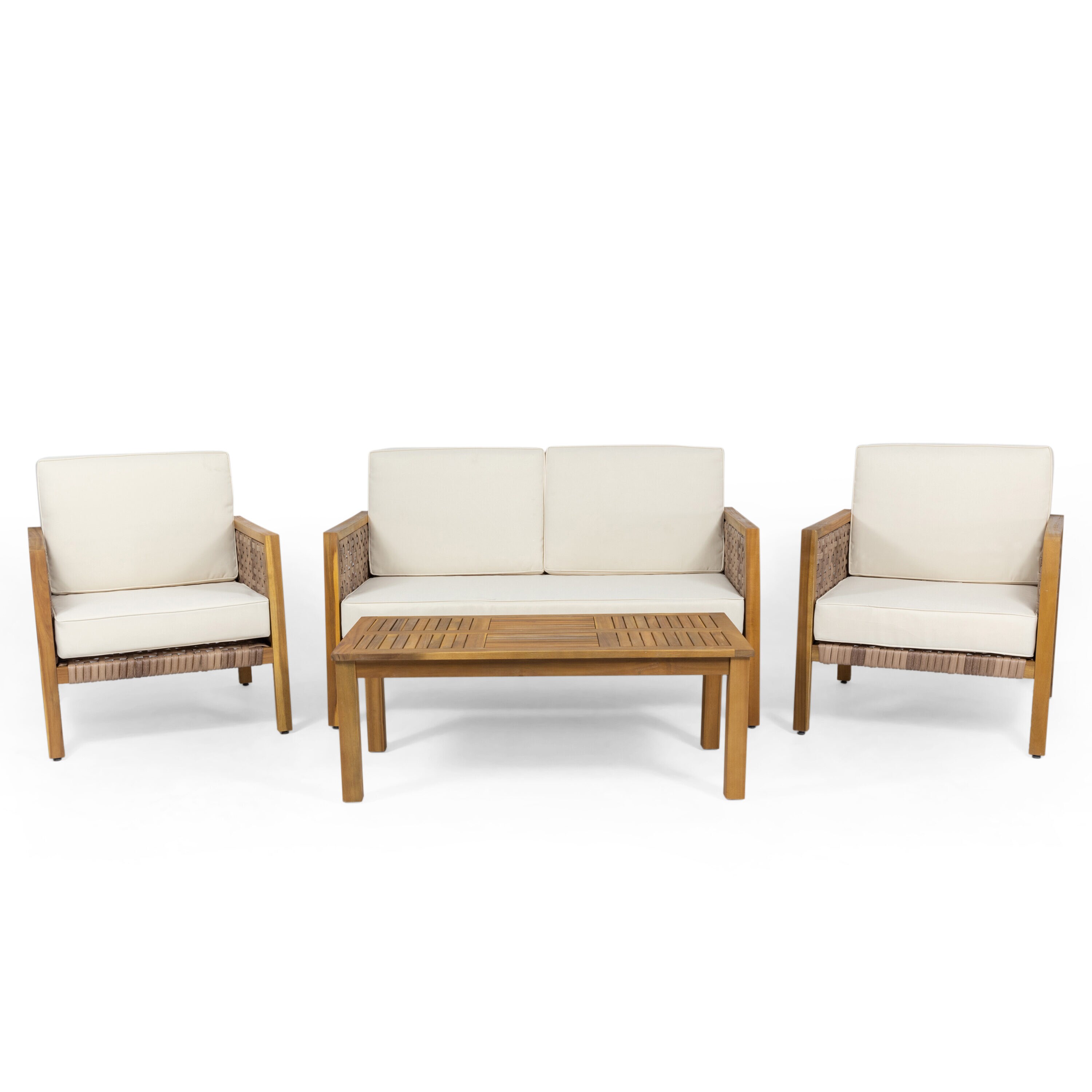 Best Selling Home Decor 312979 Joliet Outdoor 4 Seater Acacia Wood Chat Set with Wicker Accents, Teak, Light Multi-Brown, and Beige