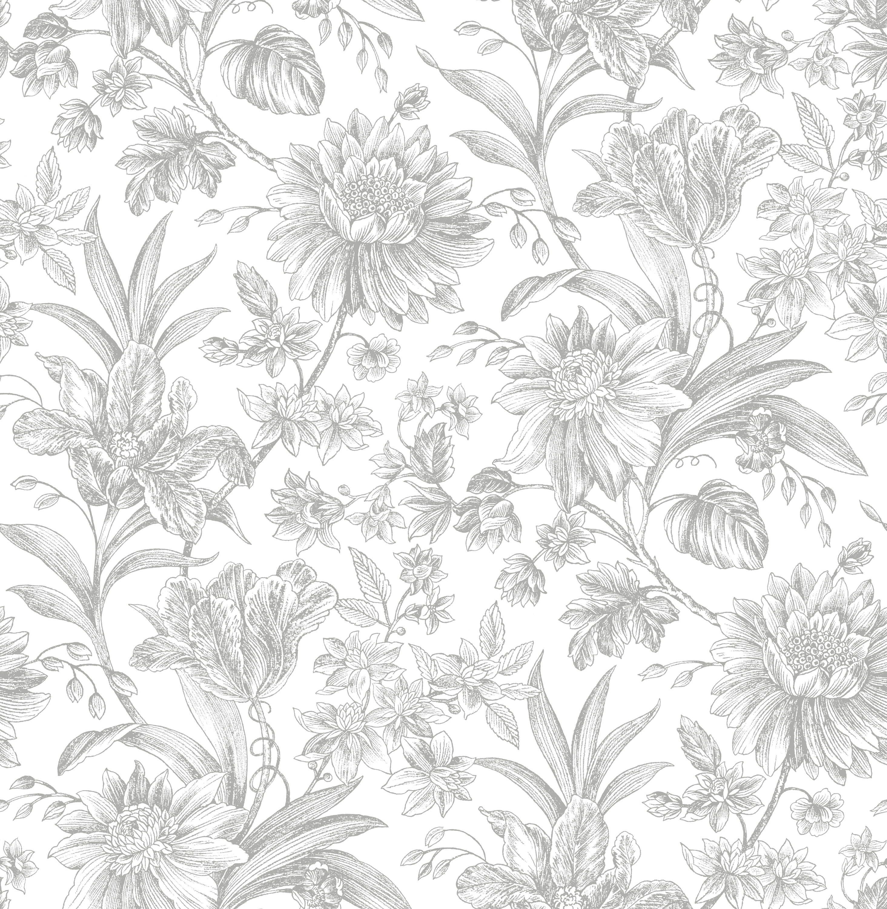 Grand Floral Black, Grey & White Wallpaper