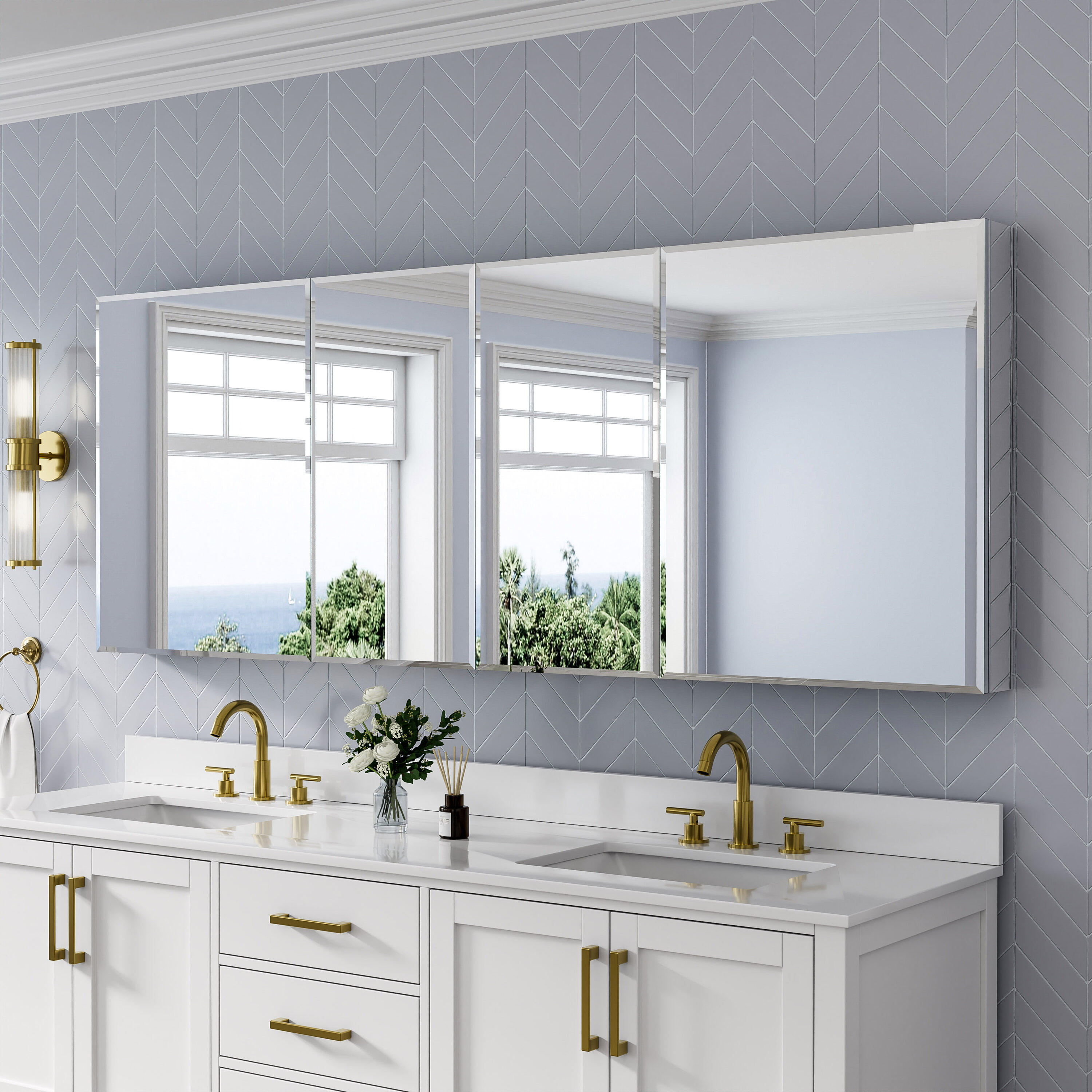 Forclover Reversible Beveled Mirror Cabinet 80-in x 30-in Surface/Recessed Mount Chrome Mirrored Rectangle Soft Close Medicine Cabinet