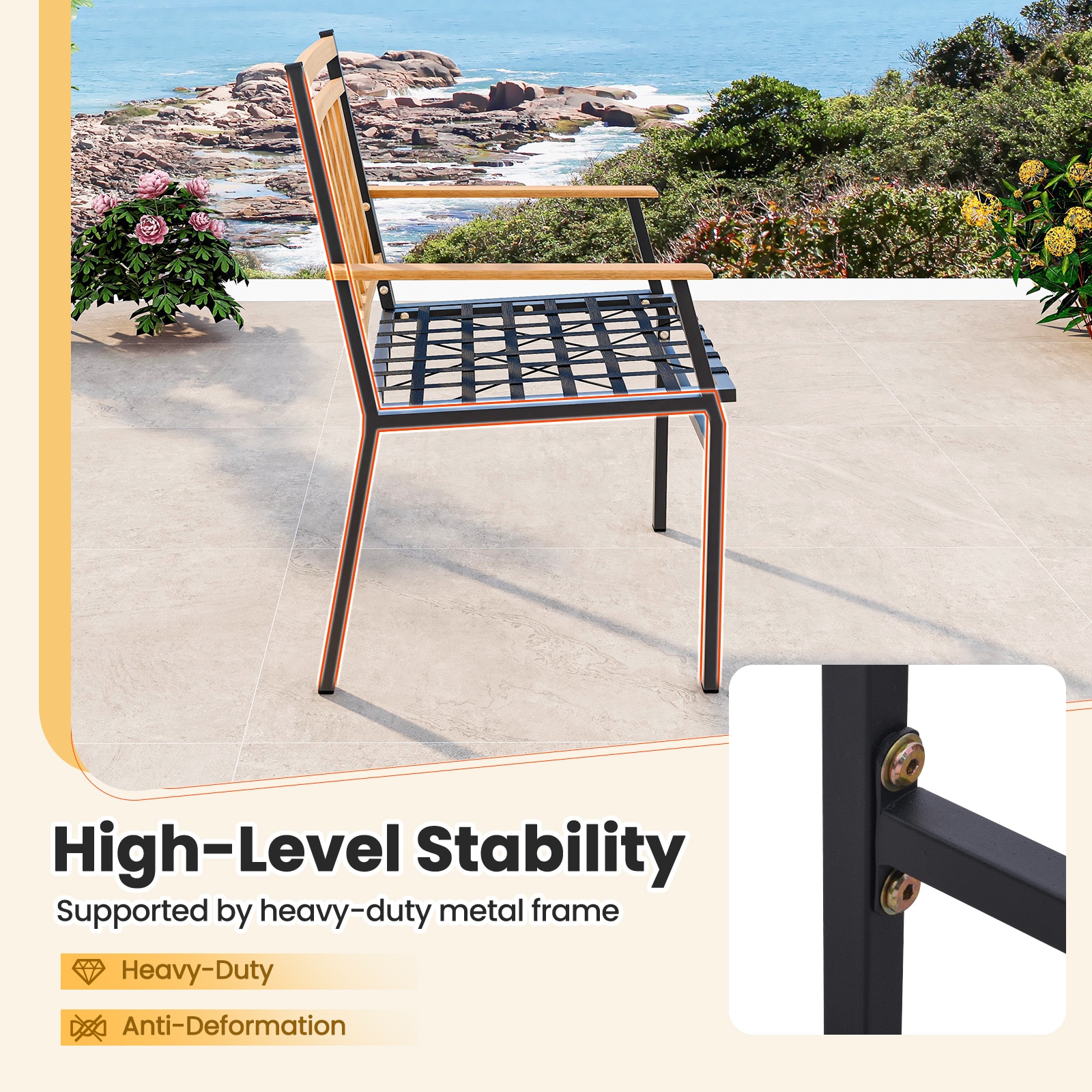 Acacia Wood and Metal 3-Piece Patio Set with Off-White Cushions